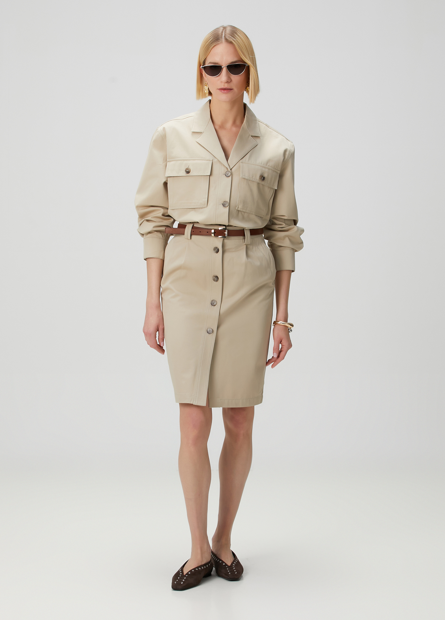 スカート ANINE BING Women Mid Skirts A 04 10733CO OMA10 BEIGE ANINE BING Beige buttoned pencil skirt | TheDoubleF
