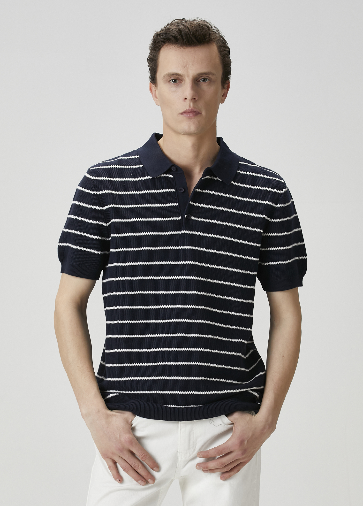 Lacivert Polo Yaka Colorblocked Triko Gömlek_2