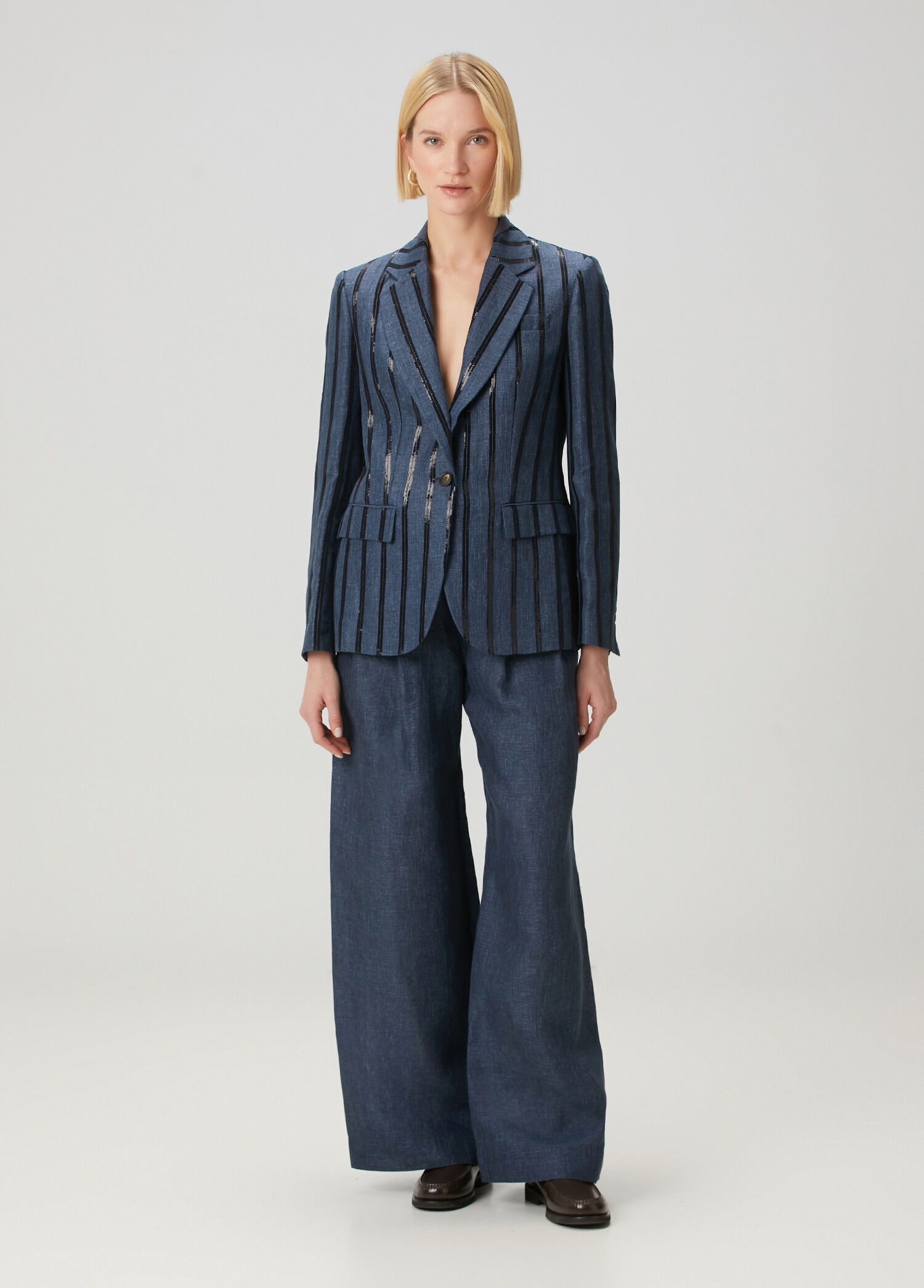 Koyu Mavi Wide Leg Keten Pantolon