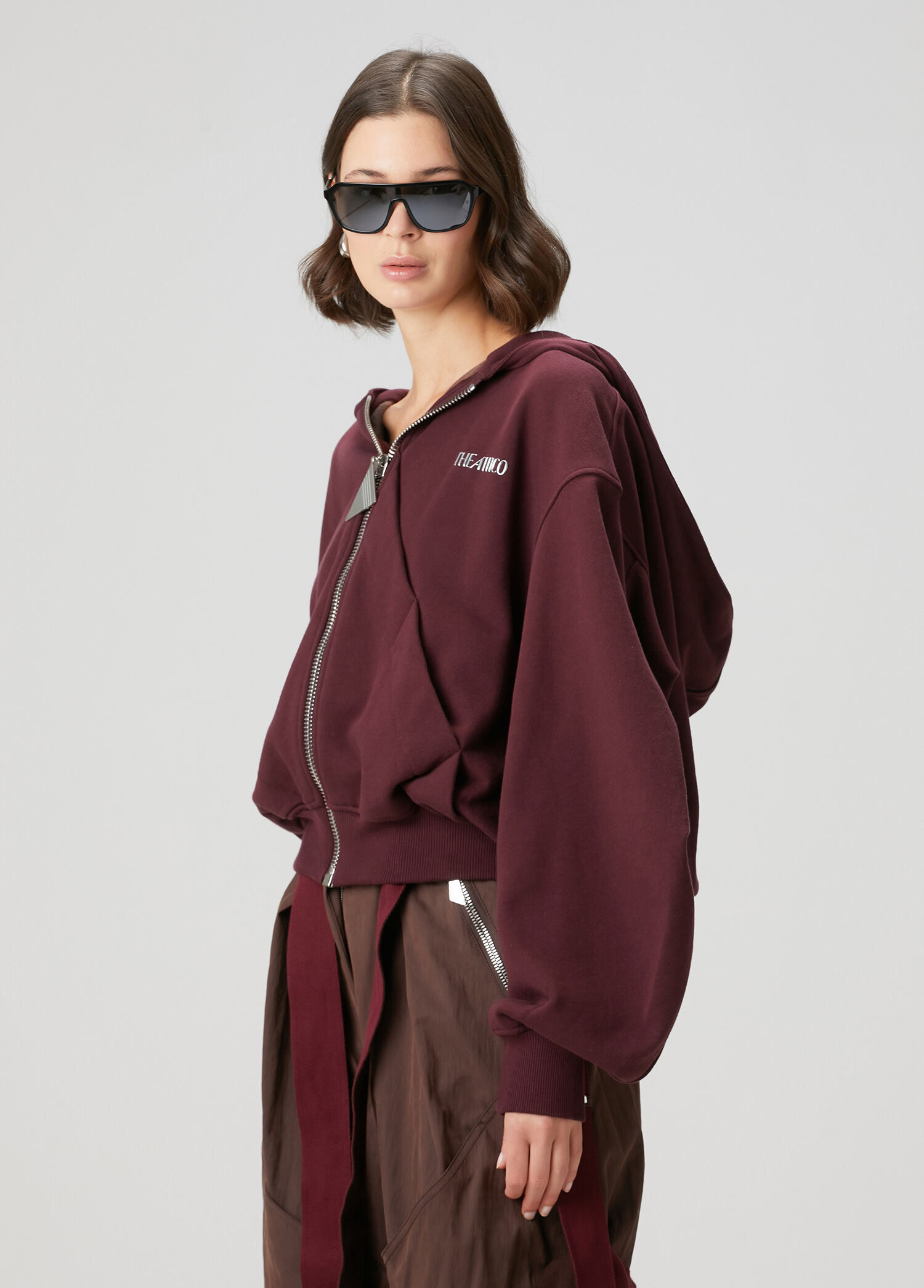 Bordo Kapüşonlu Fermuarlı Sweatshirt
