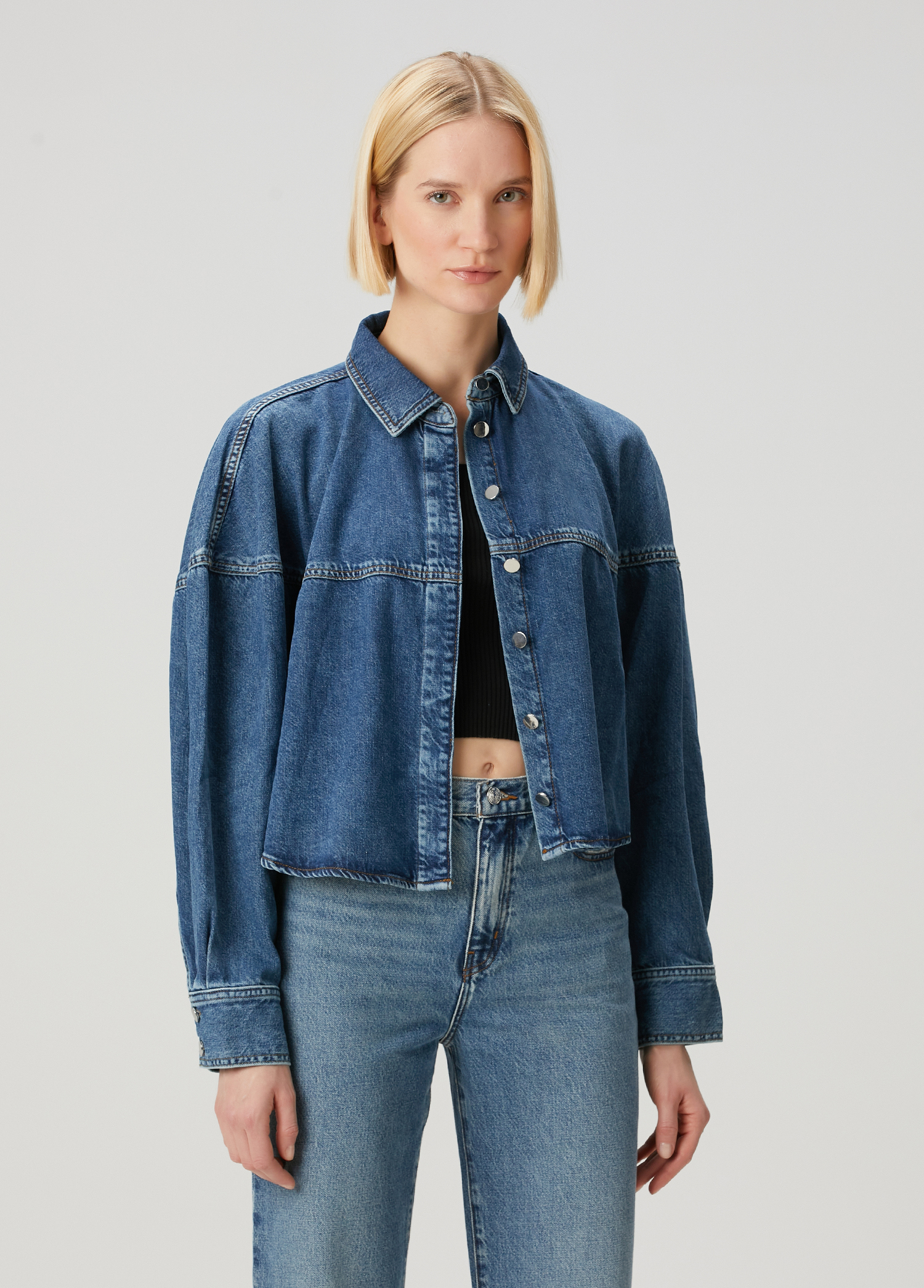 Bubble Oversized Mavi Crop Denim Gömlek