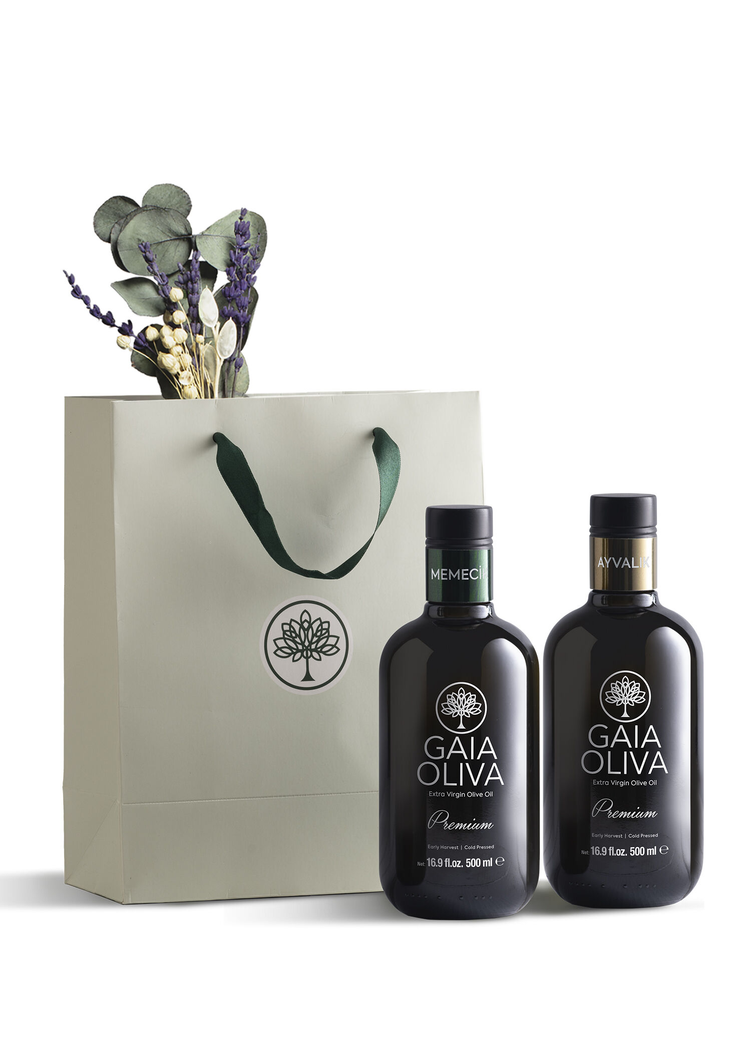 Premium Memecik ve Ayvalık Erken Hasat Natürel Sızma Zeytinyağı 2x500ml ve El Yapımı Çiçek Hediye Seti