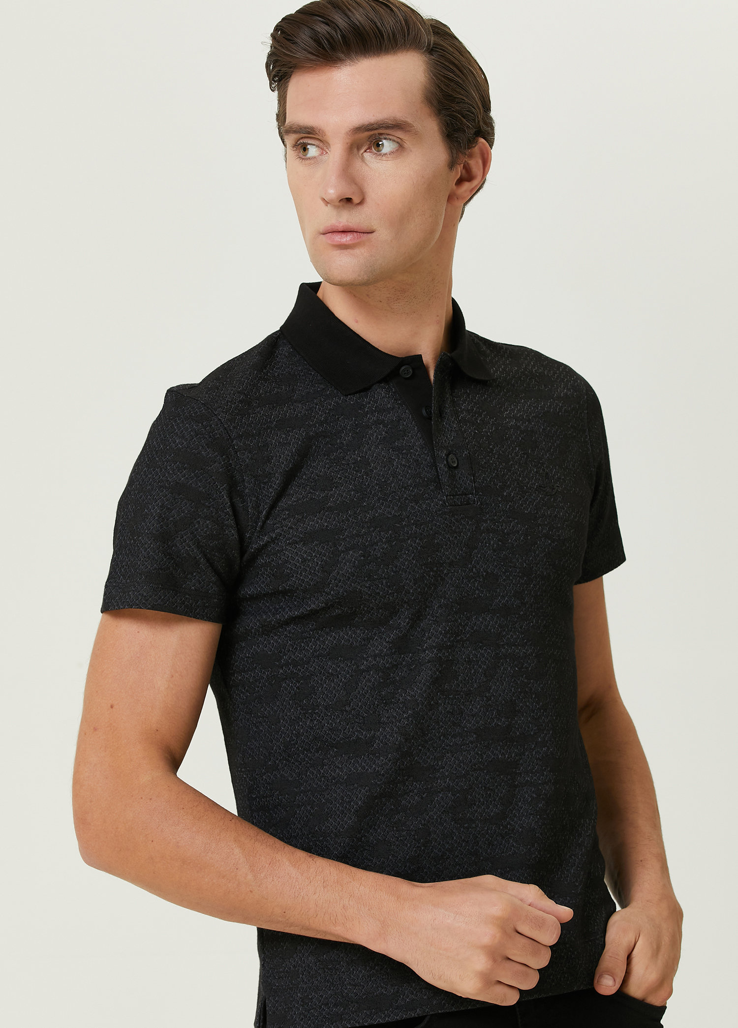 Slim Fit Siyah Polo Yaka Kamuflaj Dokulu T-shirt_1