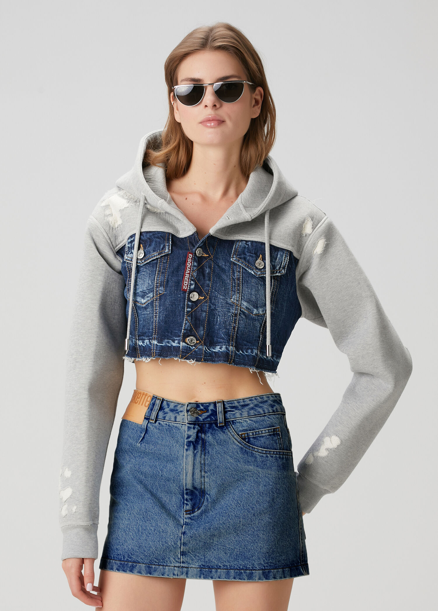 Gri Kapüşonlu Crop Denim Ceket