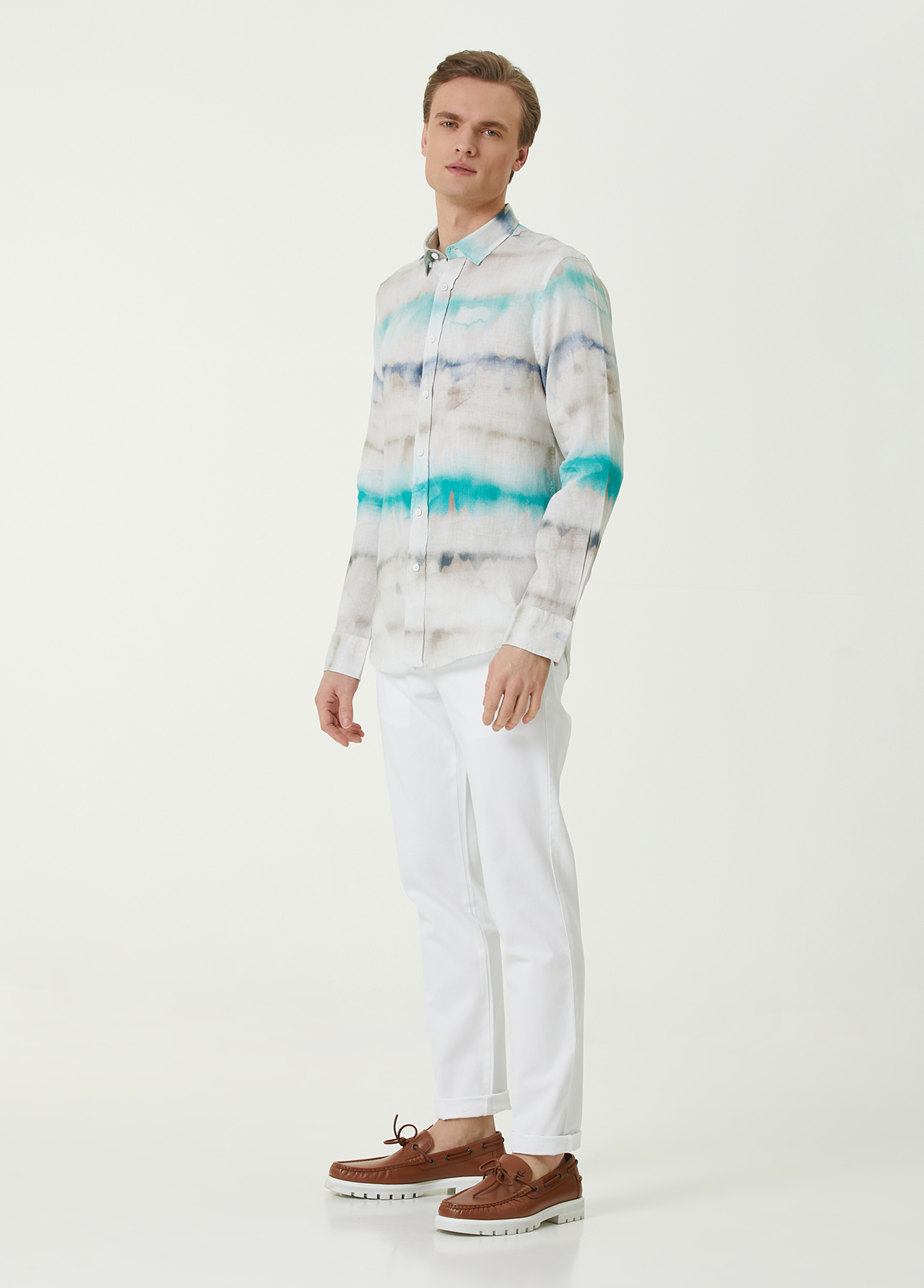 Comfort Fit Turkuaz Batik Desenli Keten Gömlek_1