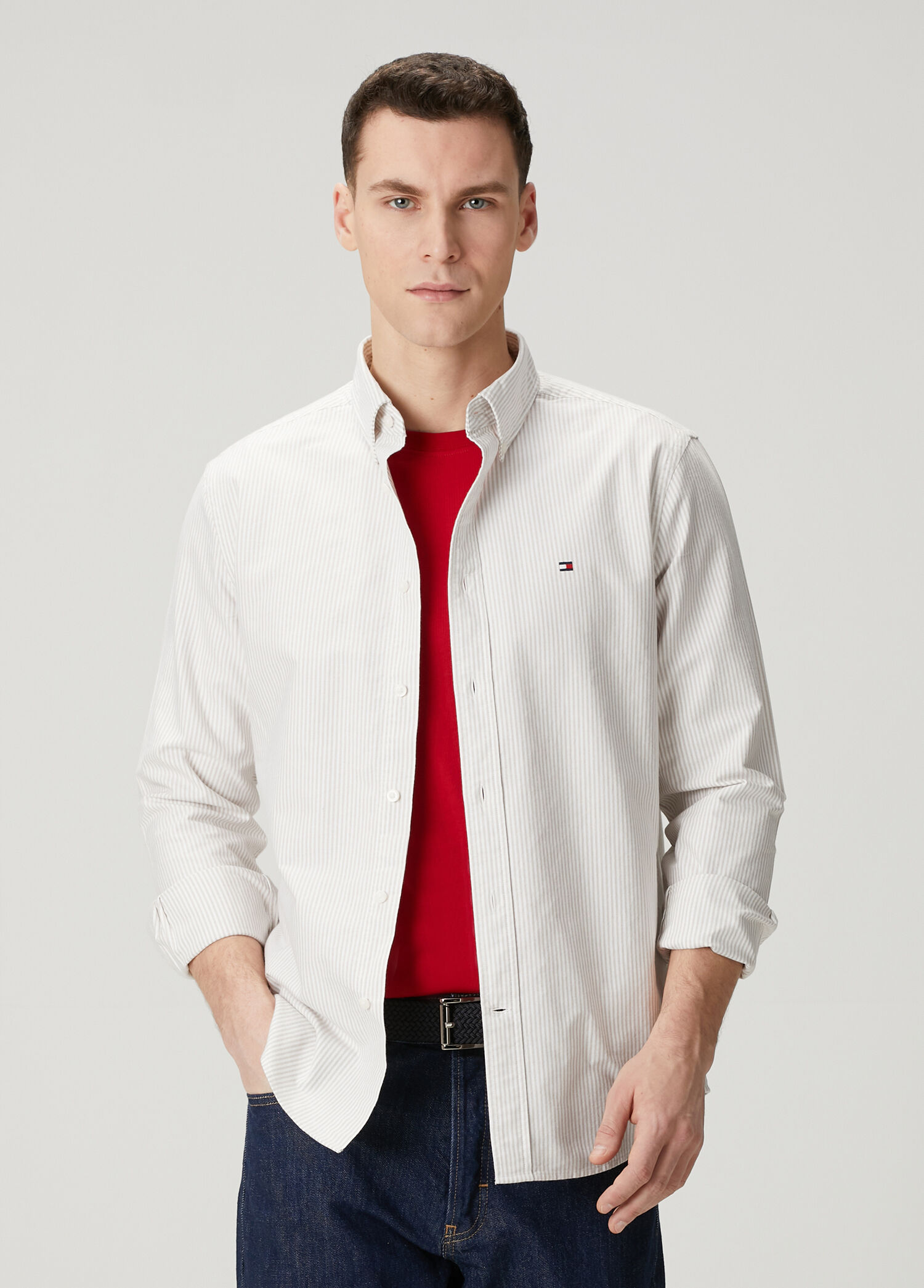 Regular Fit Kahverengi Çizgi Desenli Oxford Gömlek