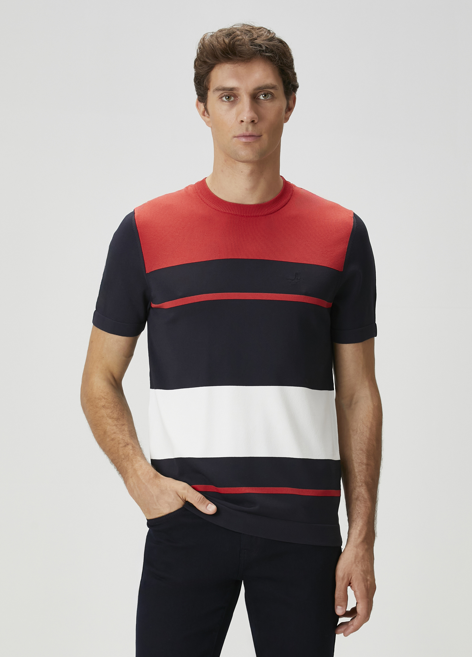 Lacivert Colorblocked Kısa Kollu Kazak_2