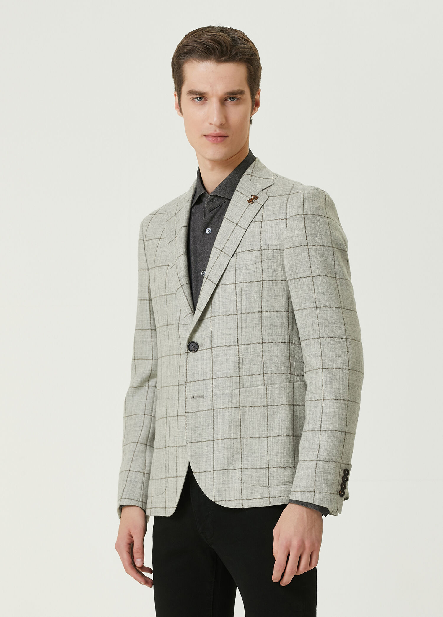 Brera Light Gray Plaid Patterned Wool Jacket