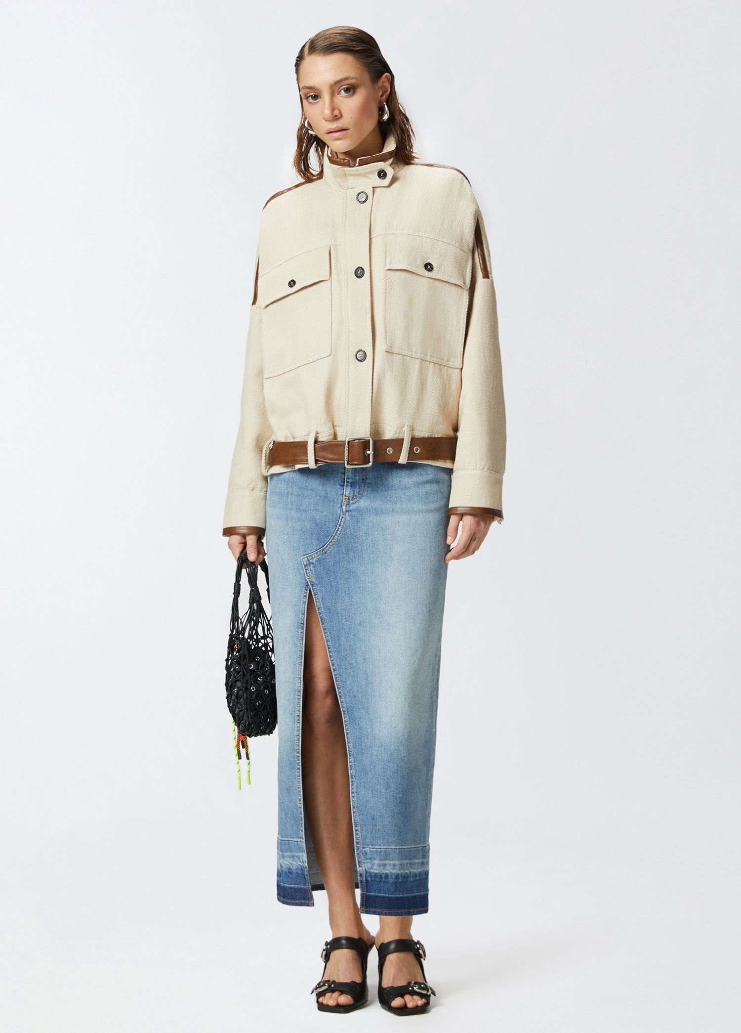 Pinko - Babilonia Beige Women's Jacket with Leather Detail