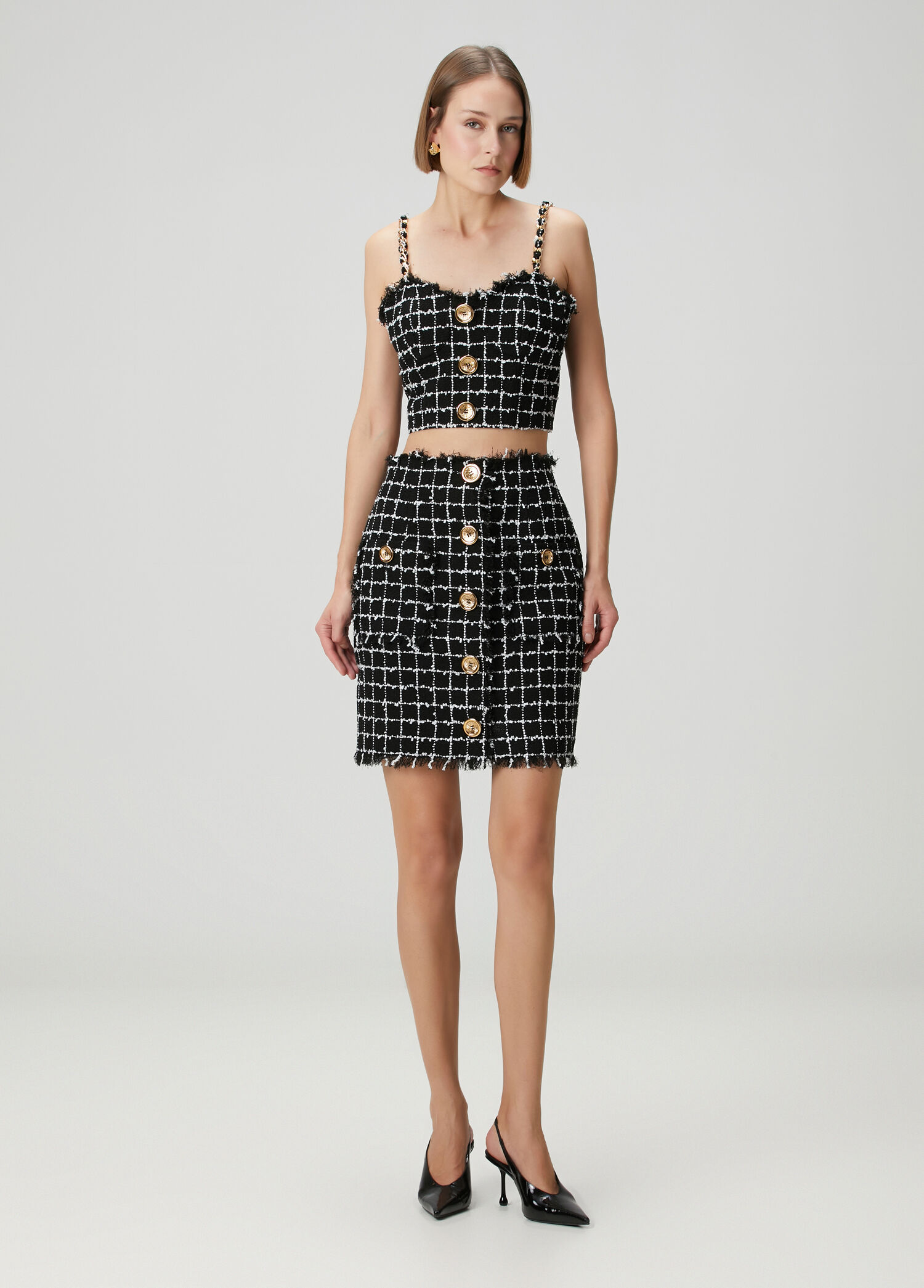 Siyah Beyaz Mini Tweed Etek