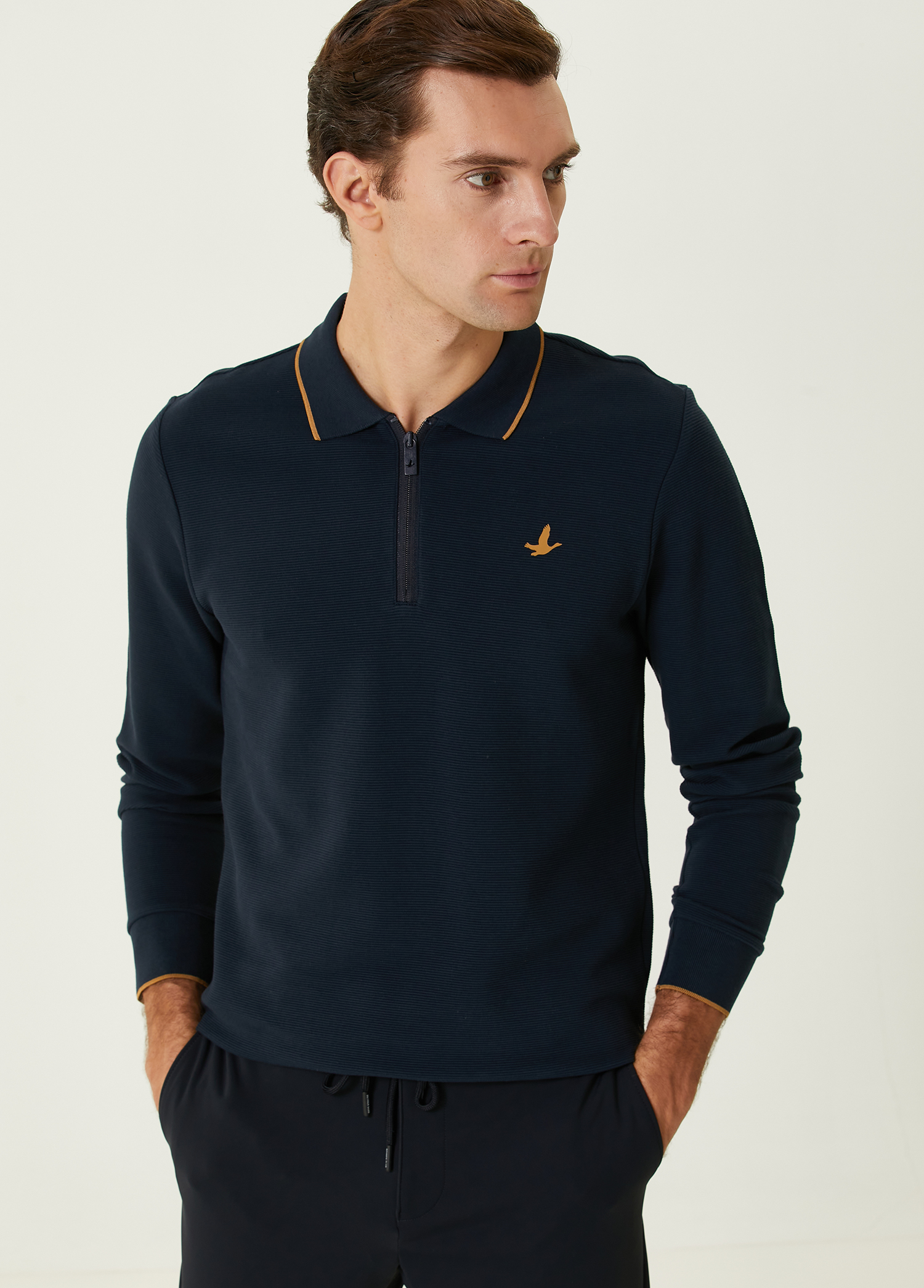 Slim Fit Lacivert Ottoman Dokulu Polo Sweatshirt_1