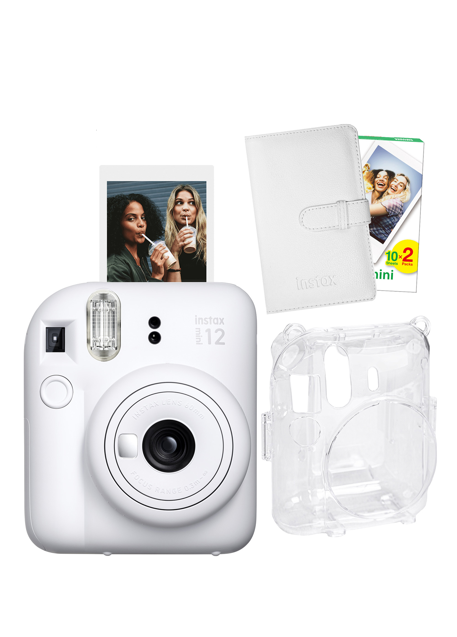 Instax Mini 12 Beyaz Fotoğraf Makinesi + 20'li Film Laporta Albüm ve Şeffaf Kılıf Seti