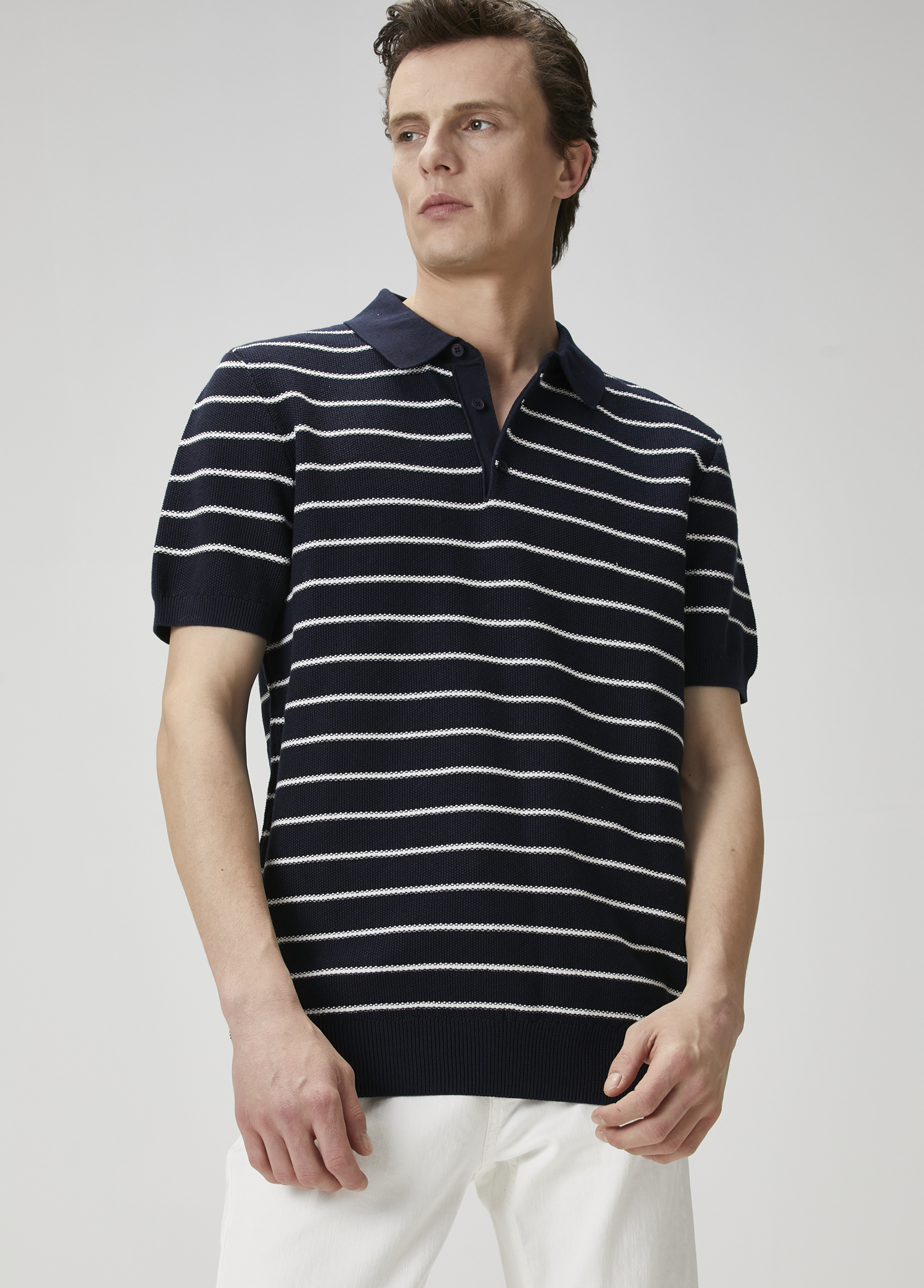 Lacivert Polo Yaka Colorblocked Triko Gömlek