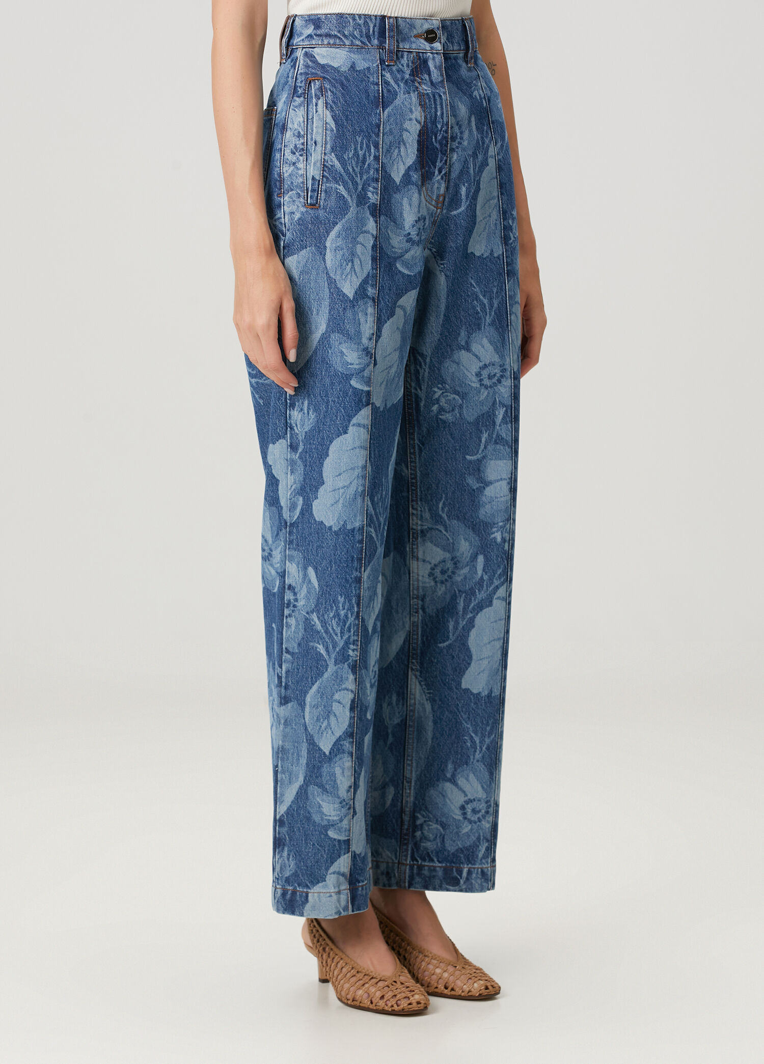 Fendi - Long Regular Fit Mavi Çiçekli Jean Pantolon - Lacivert