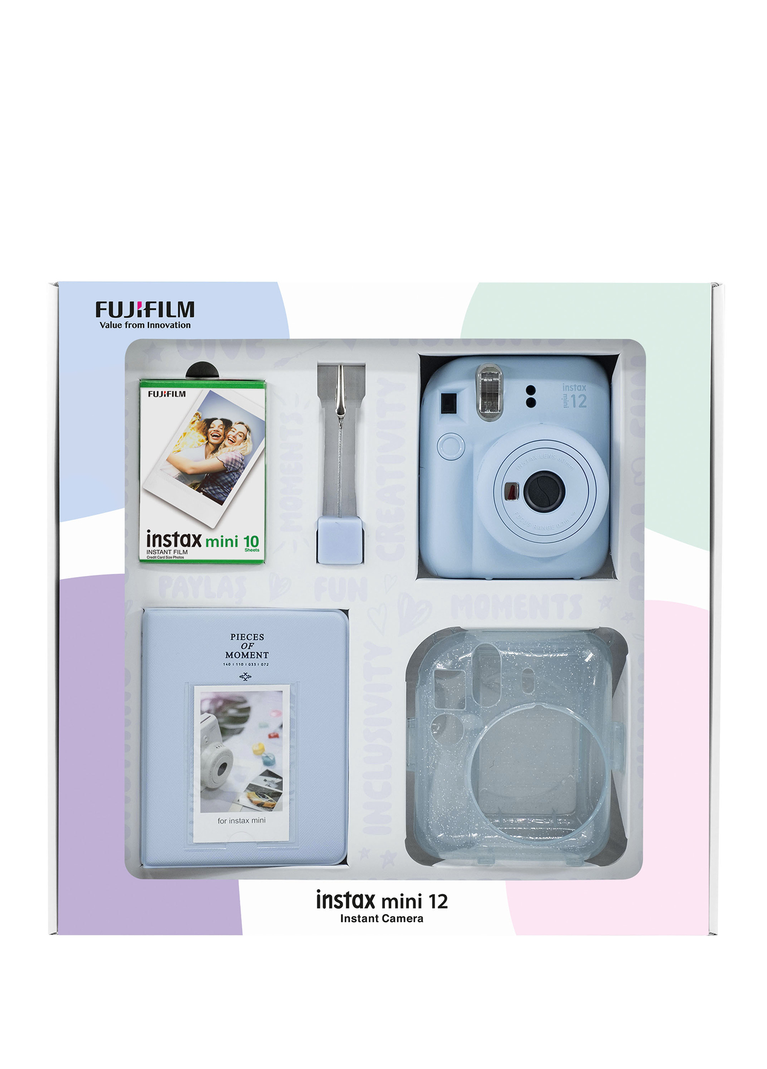 Instax Mini 12 Mavi Fotoğraf Makinesi + 10'lu Film Simli Pleksi Kılıf PVC Albüm ve Kıskaçlı Resim Standı Bundle Box