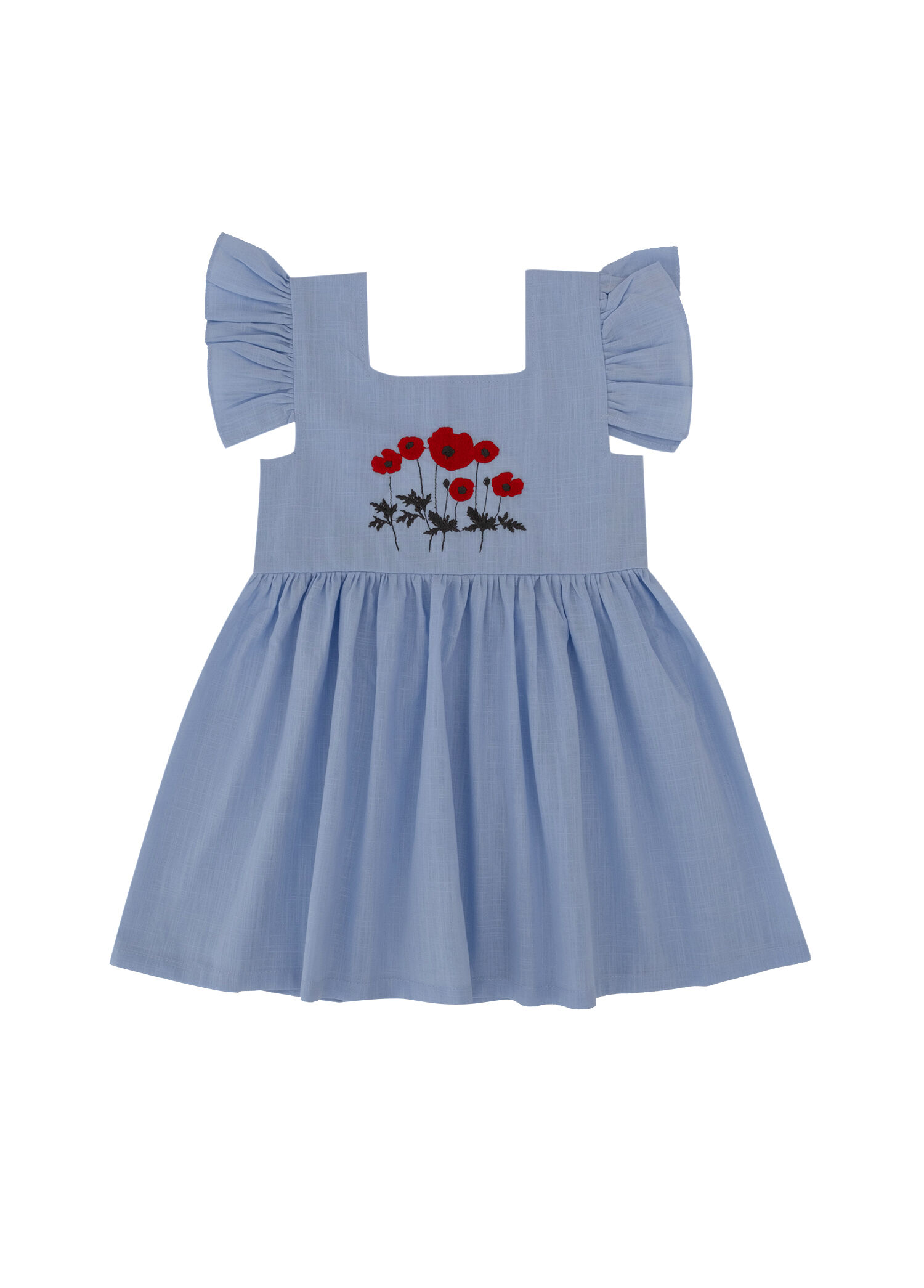 Poppy Blue Nakışlı Fırfır Kollu Kız Çocuk Elbise