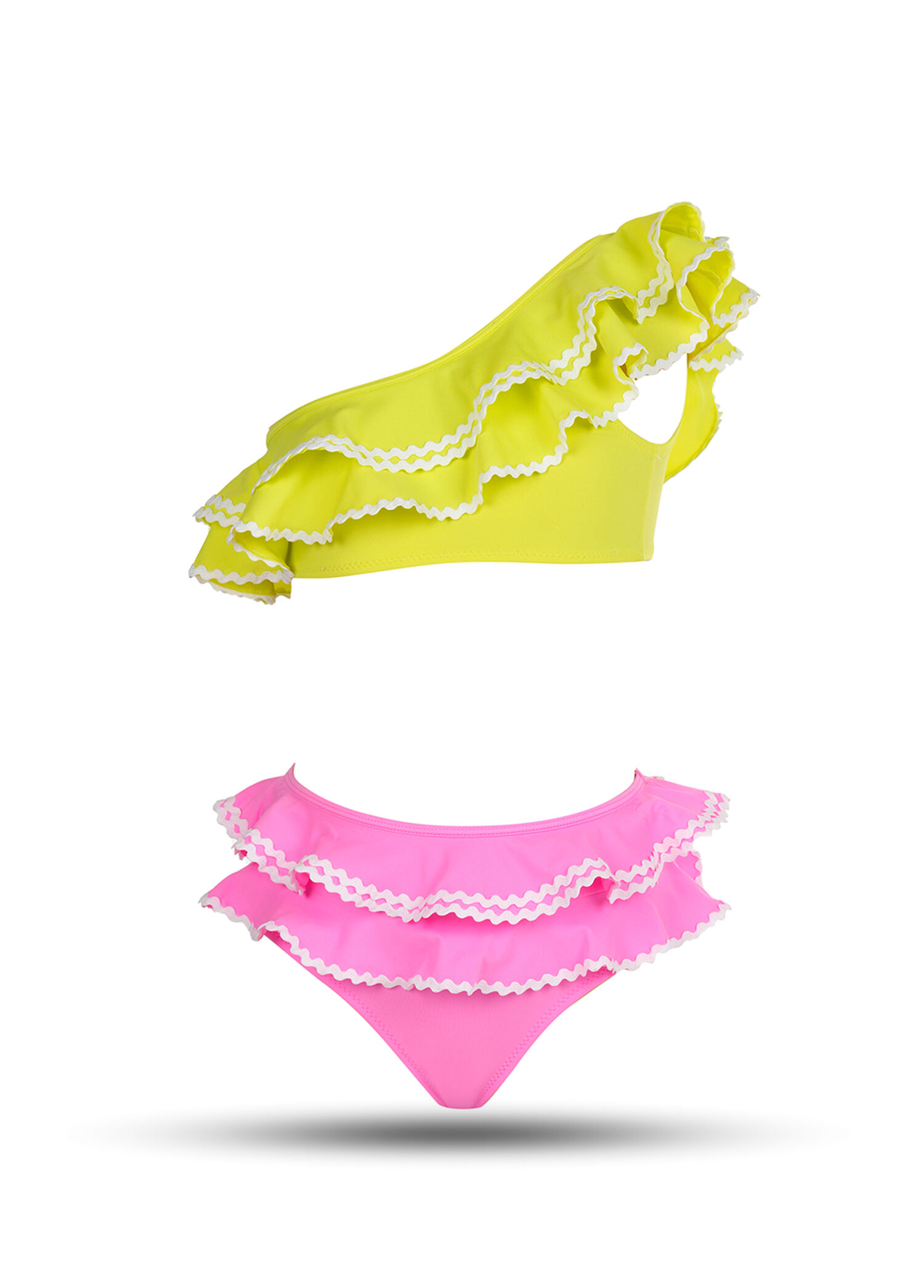 Renkli Fırfırlı Su Taşı Detaylı Tek Omuz Kız Çocuk Bikini Takımı