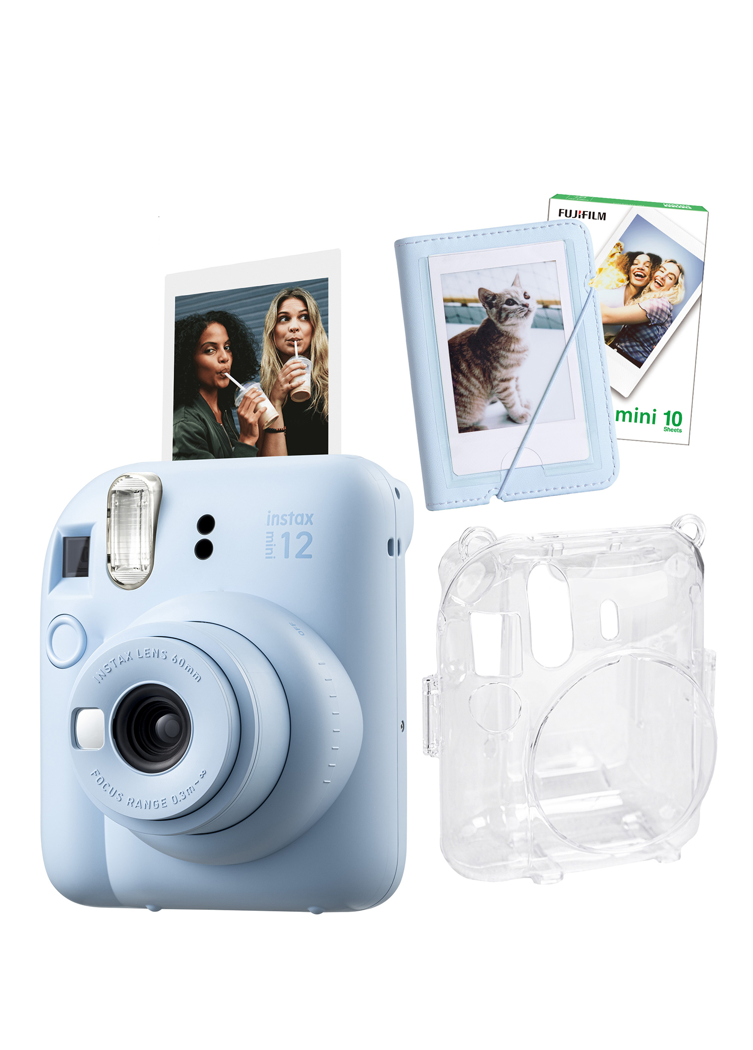 Instax Mini 12 Mavi Fotoğraf Makinesi + 10'lu Film Mini Albüm ve Şeffaf Kılıf Seti