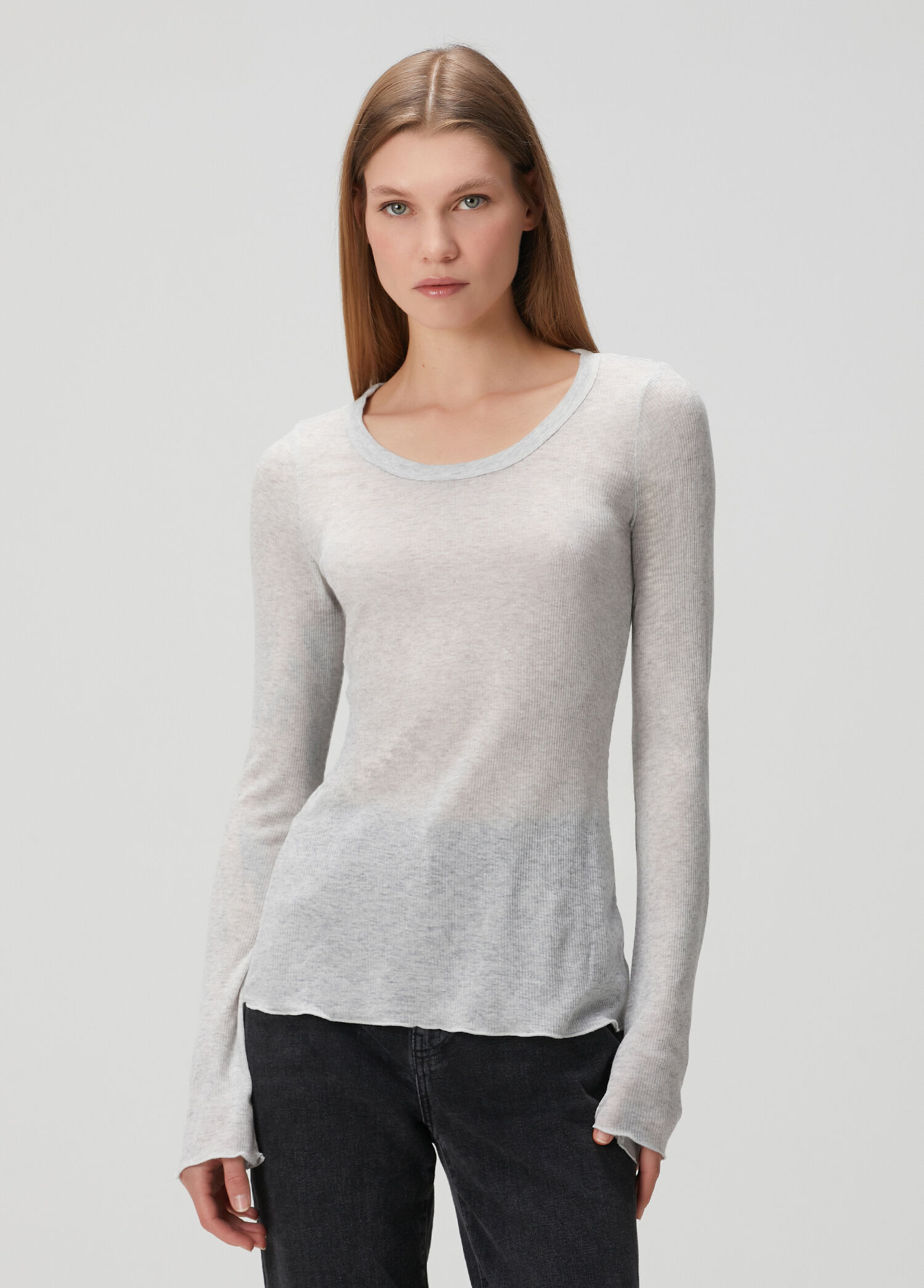 Sheer Rib Açık Gri Uzun Kollu T-shirt