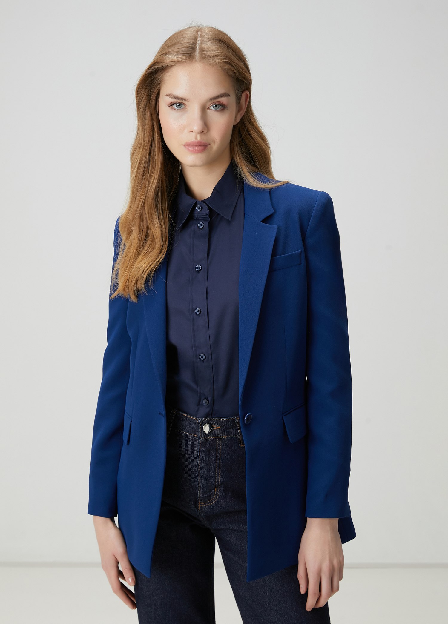 Lacivert Krep Blazer