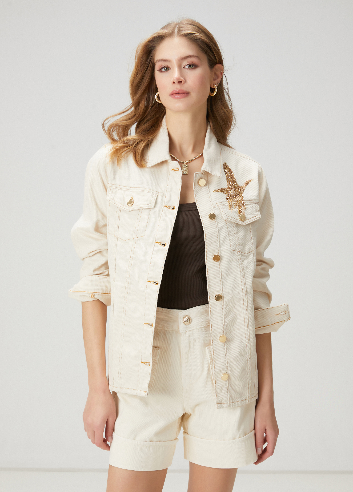 Ekru İşlemeli Denim Ceket_1