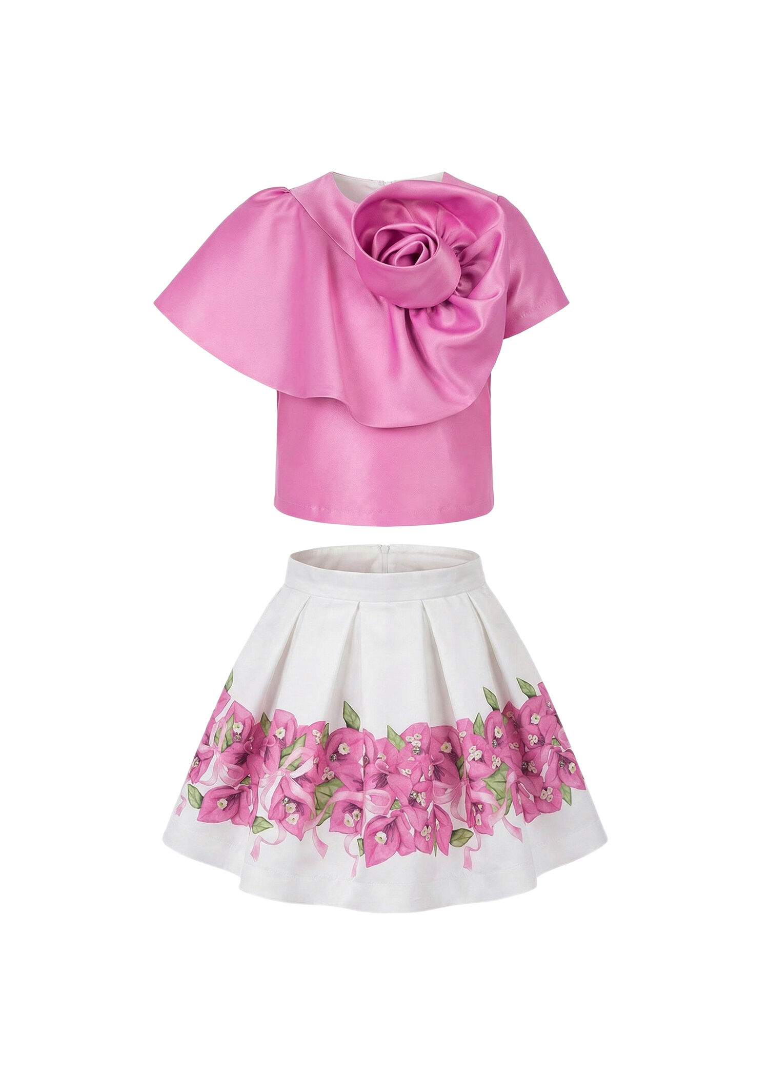 Pembe Çiçek Desenli Etek ve Bluz Kız Çocuk 2’li Set
