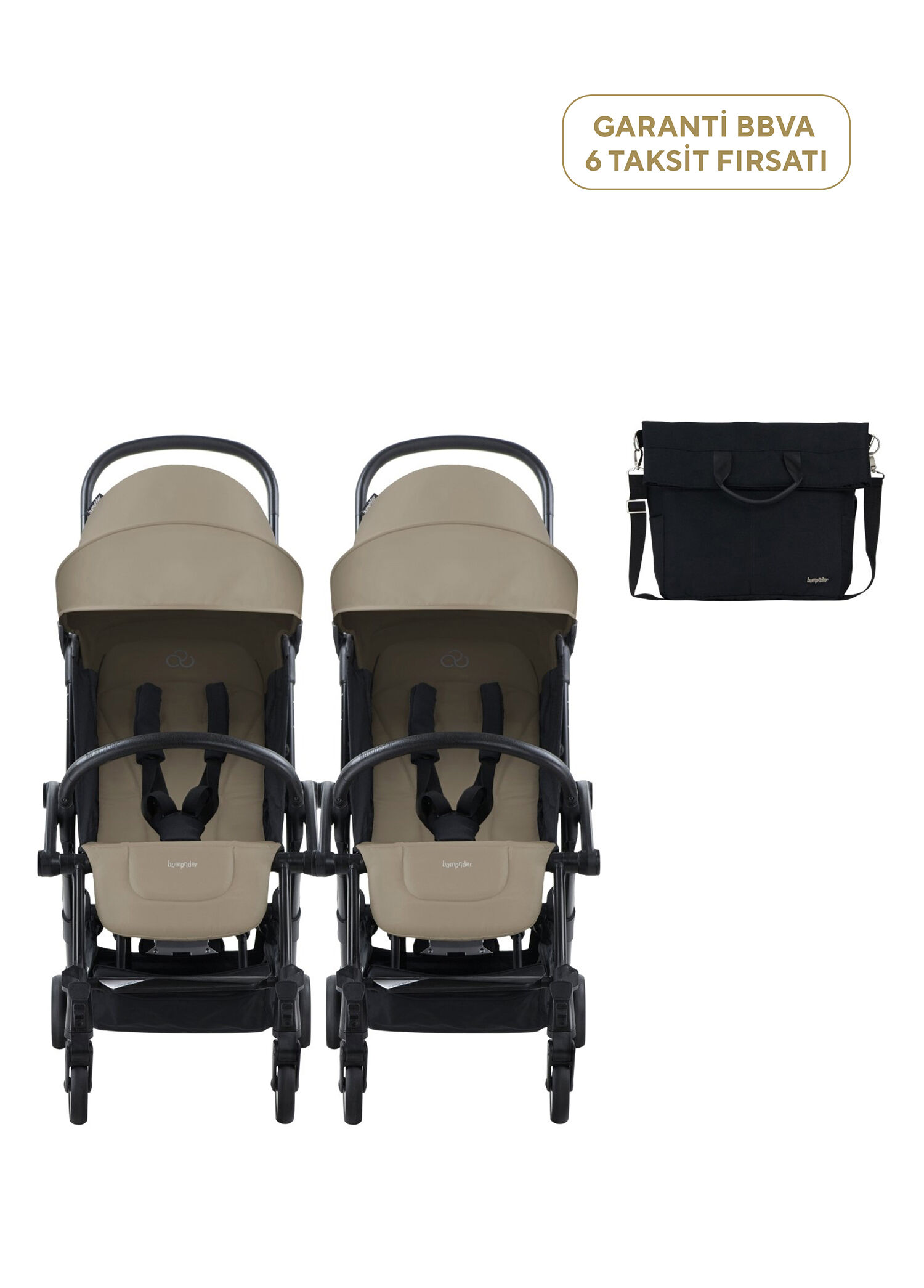Connect³ Black Sand İkiz Bebek Arabası ve Hediye Yan Bakım Çantası