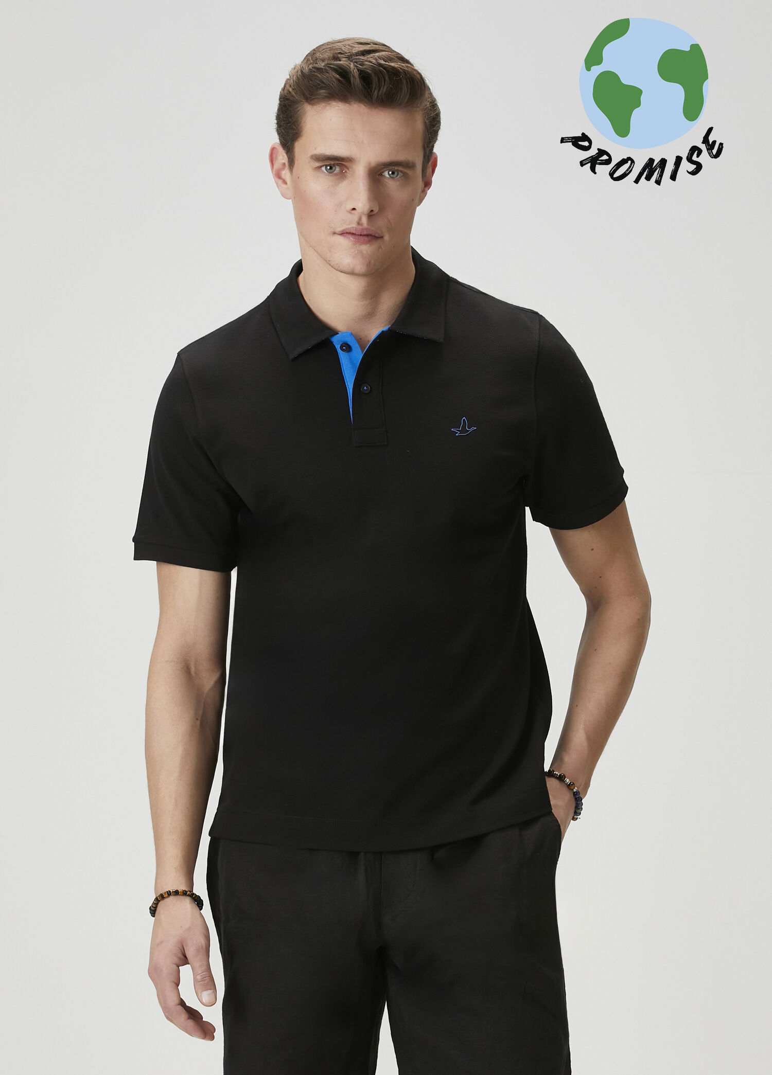 Comfort Fit Siyah Yaka Altı Baskılı Polo T-shirt