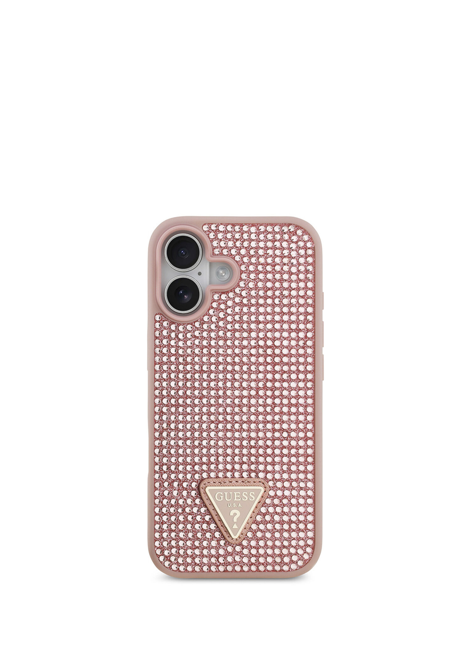 iPhone 17 Taşlı Üçgen Logolu Pembe Telefon Kılıfı