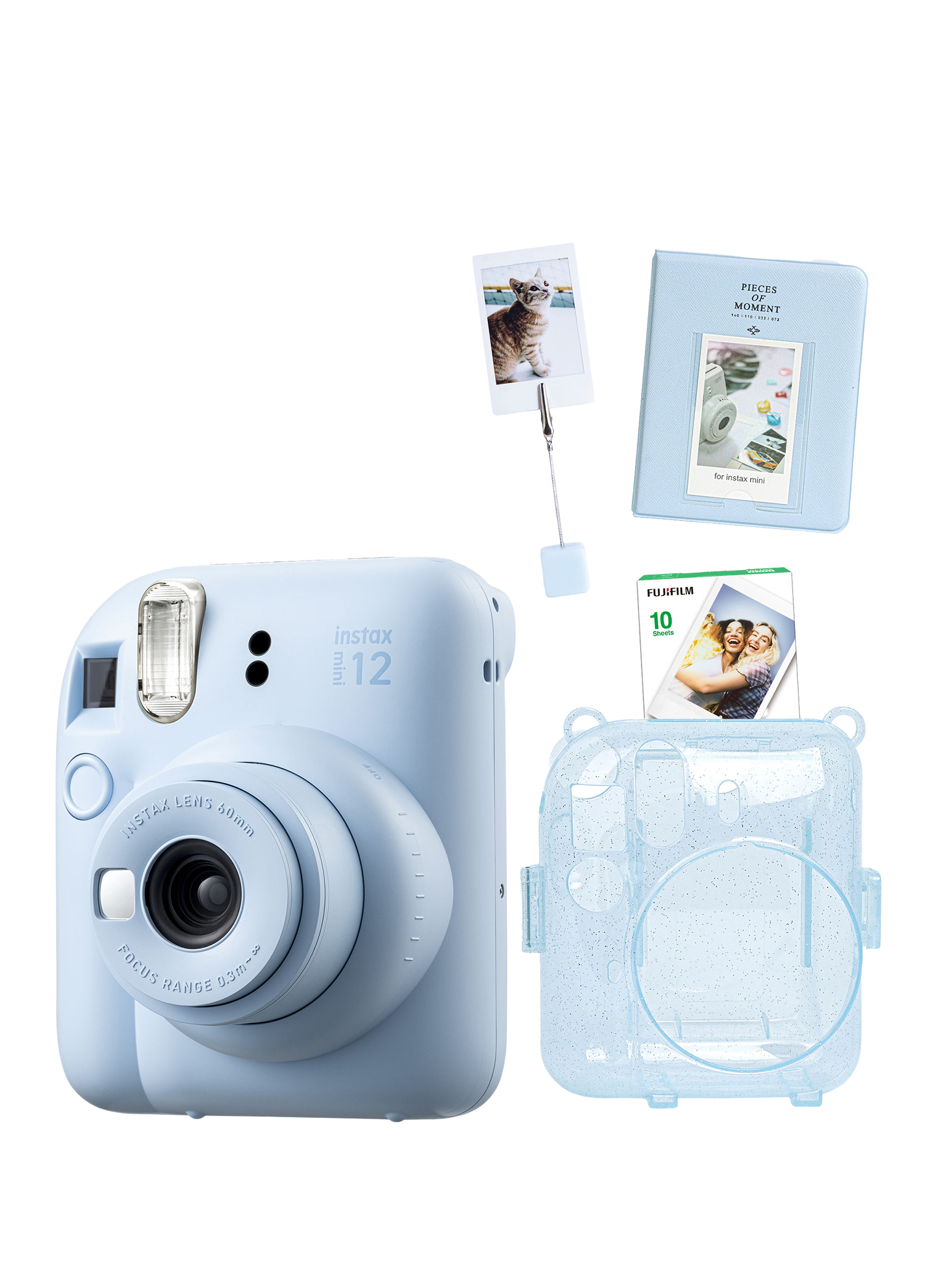 Instax Mini 12 Mavi Fotoğraf Makinesi + 10'lu Film Kıskaçlı Stand PVC Albüm ve Simli Pleksi Kılıf Seti