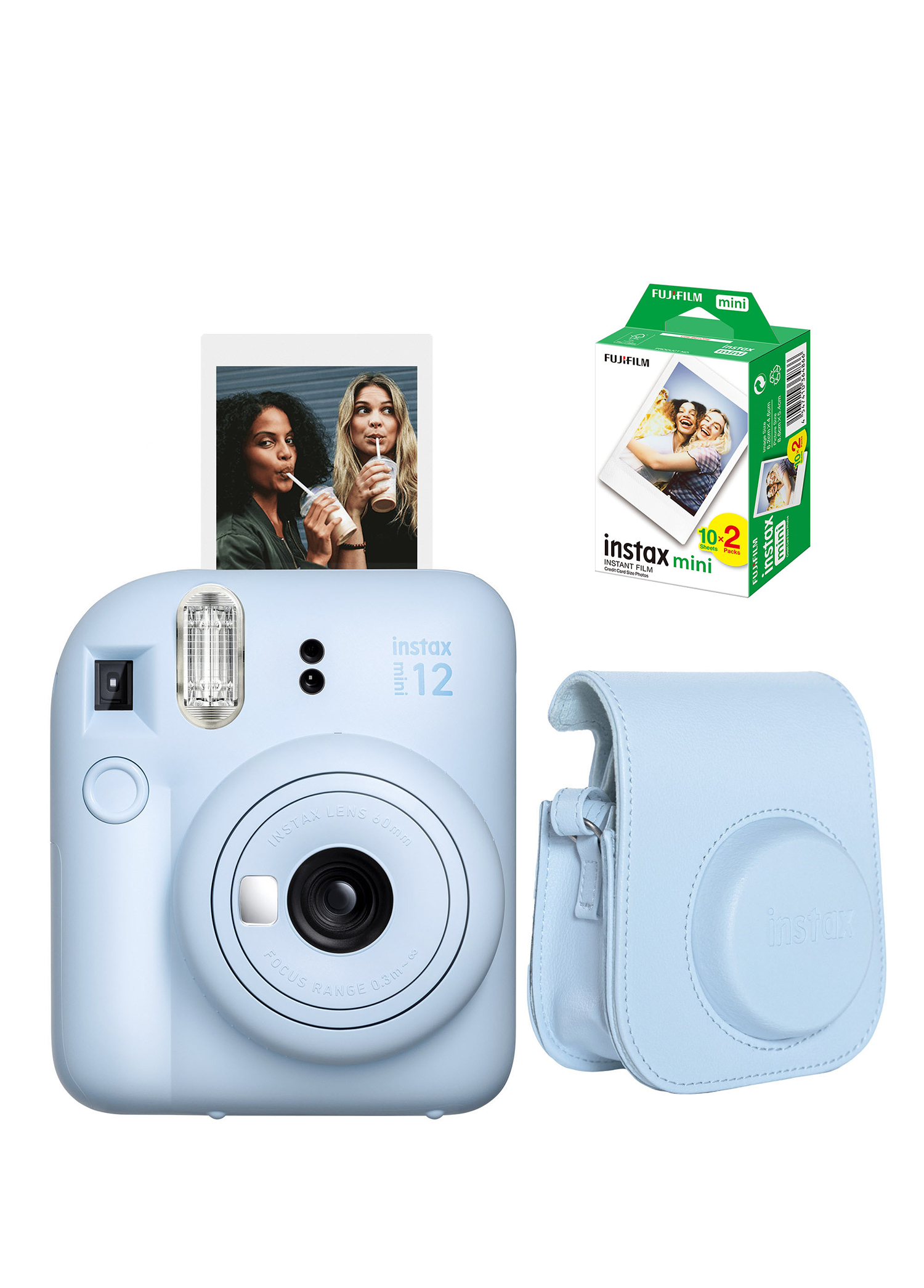 Instax Mini 12 Mavi Fotoğraf Makinesi + 20'li Film ve Deri Çanta Hediye Seti