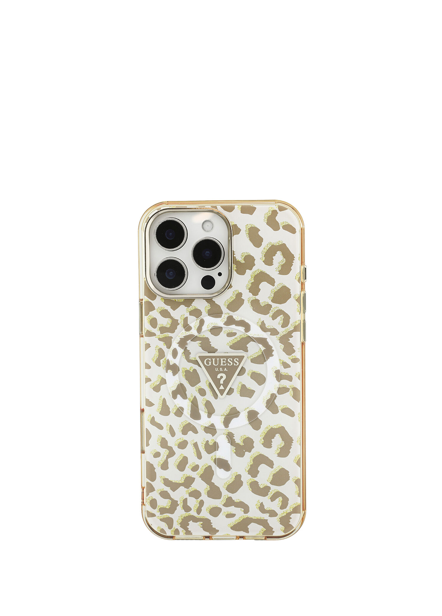 iPhone 16 Pro Max Leopar Desenli Simli Üçgen Logolu Magsafe Uyumlu Telefon Kılıfı
