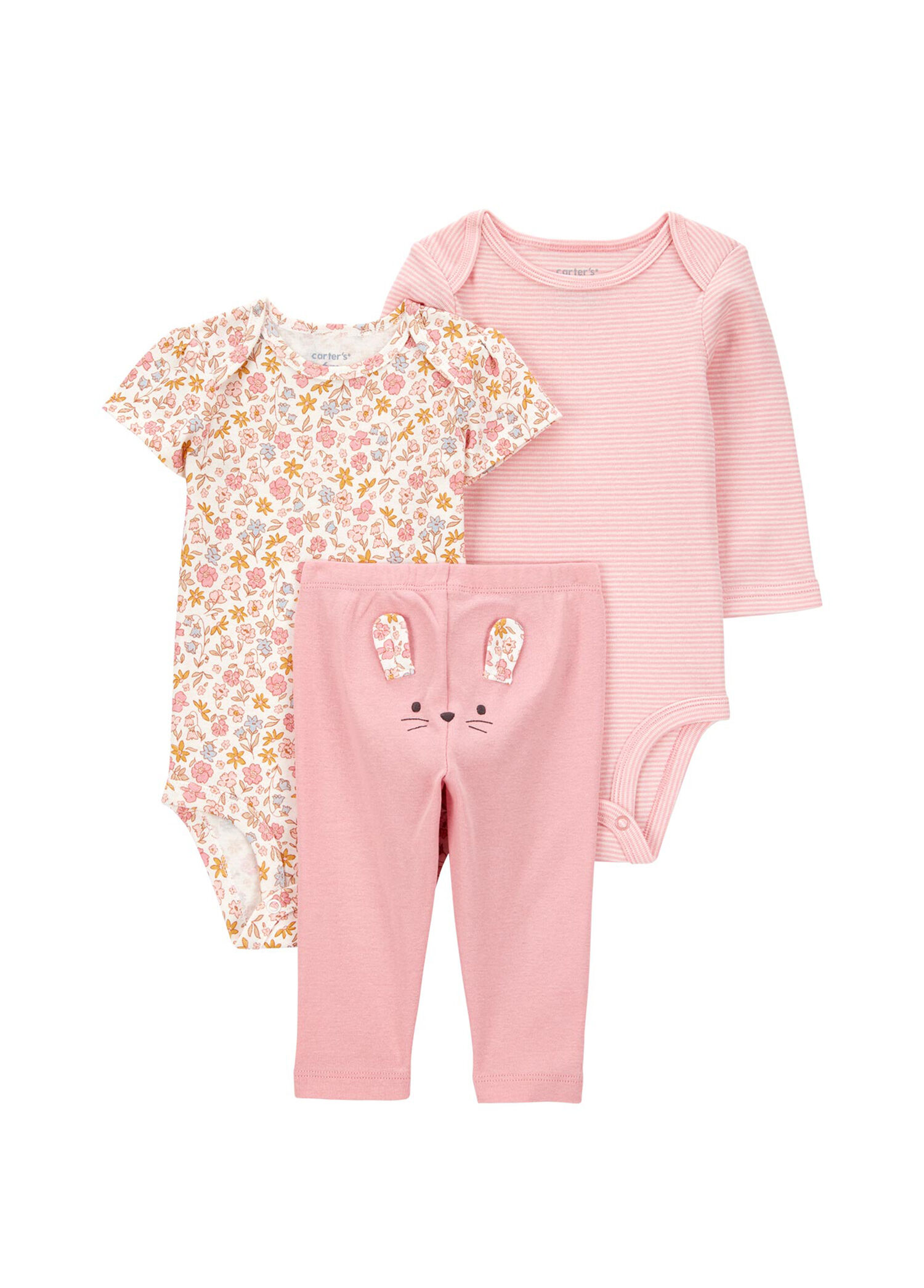Pembe Kısa Kollu + Uzun Kollu Body Pantolon Kız Bebek 3'lü Set