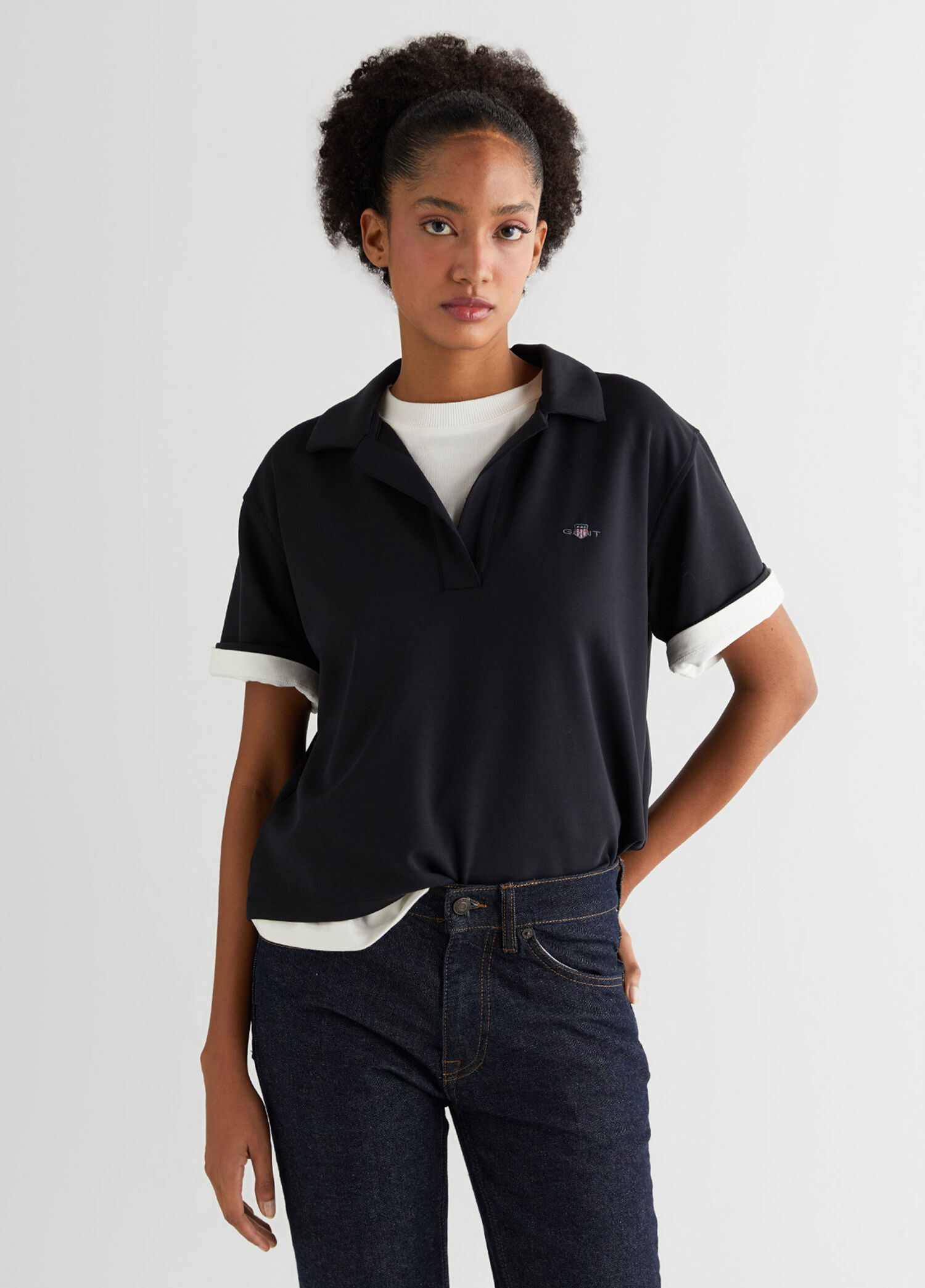 Siyah Polo Yaka Relaxed Fit Kısa Kollu Kadın T-shirt
