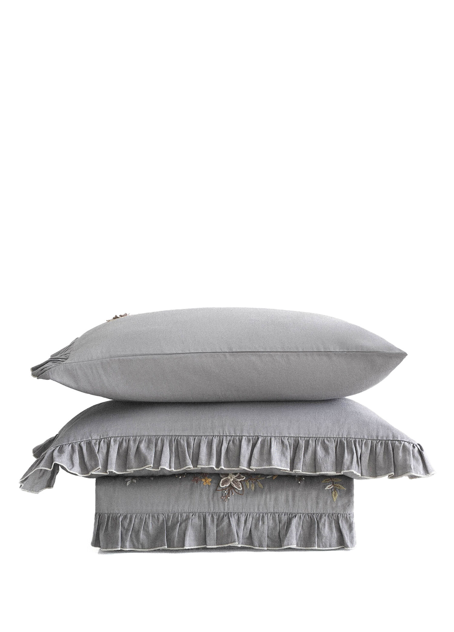 Zaira Nakışlı Gri Organik Pamuk Saten Battal Boy Nevresim Takımı 240 x 220 cm