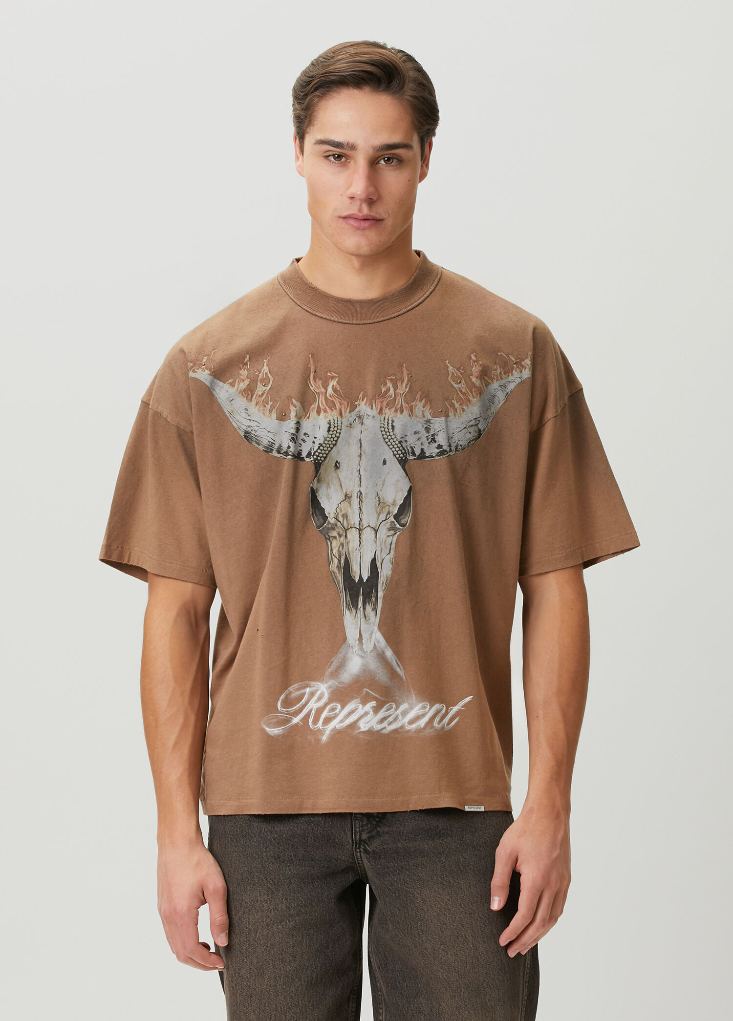 Açık Kahverengi Yıpratma Detaylı Baskılı T-shirt