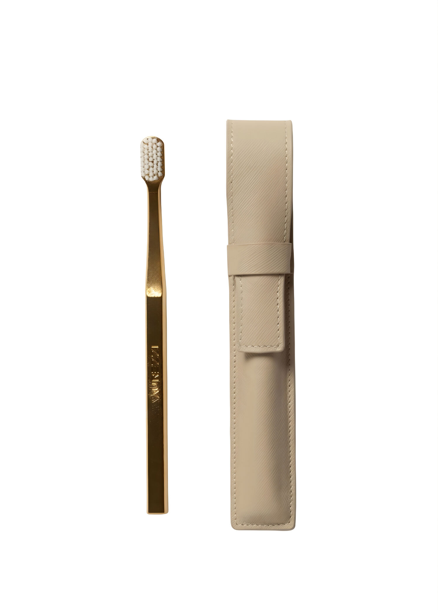 Gold White Medium Diş Fırçası ve Bej Deri Diş Fırçası Kılıfı