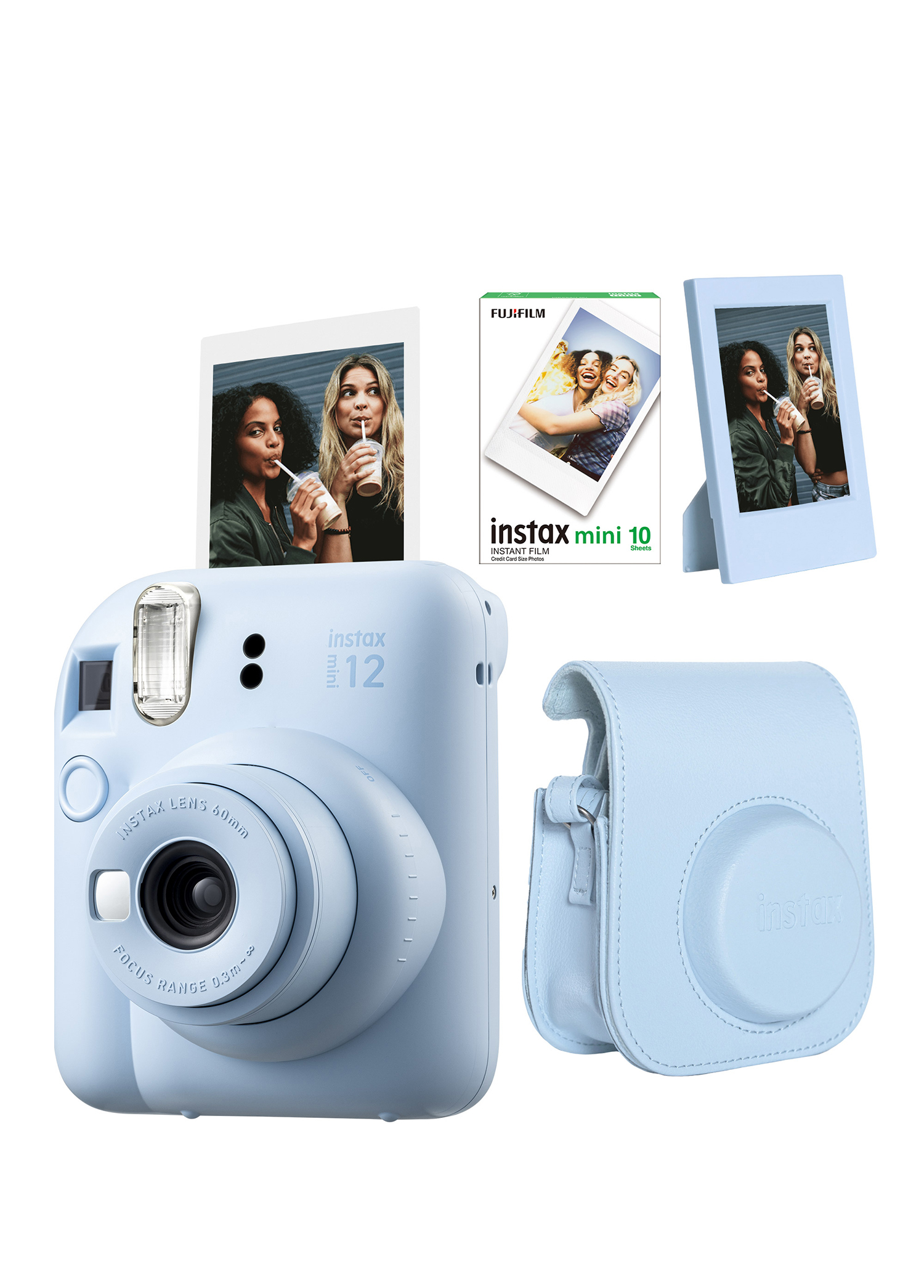 Instax Mini 12 Mavi Fotoğraf Makinesi + 10'lu Film Çerçeve ve Deri Kılıf Seti