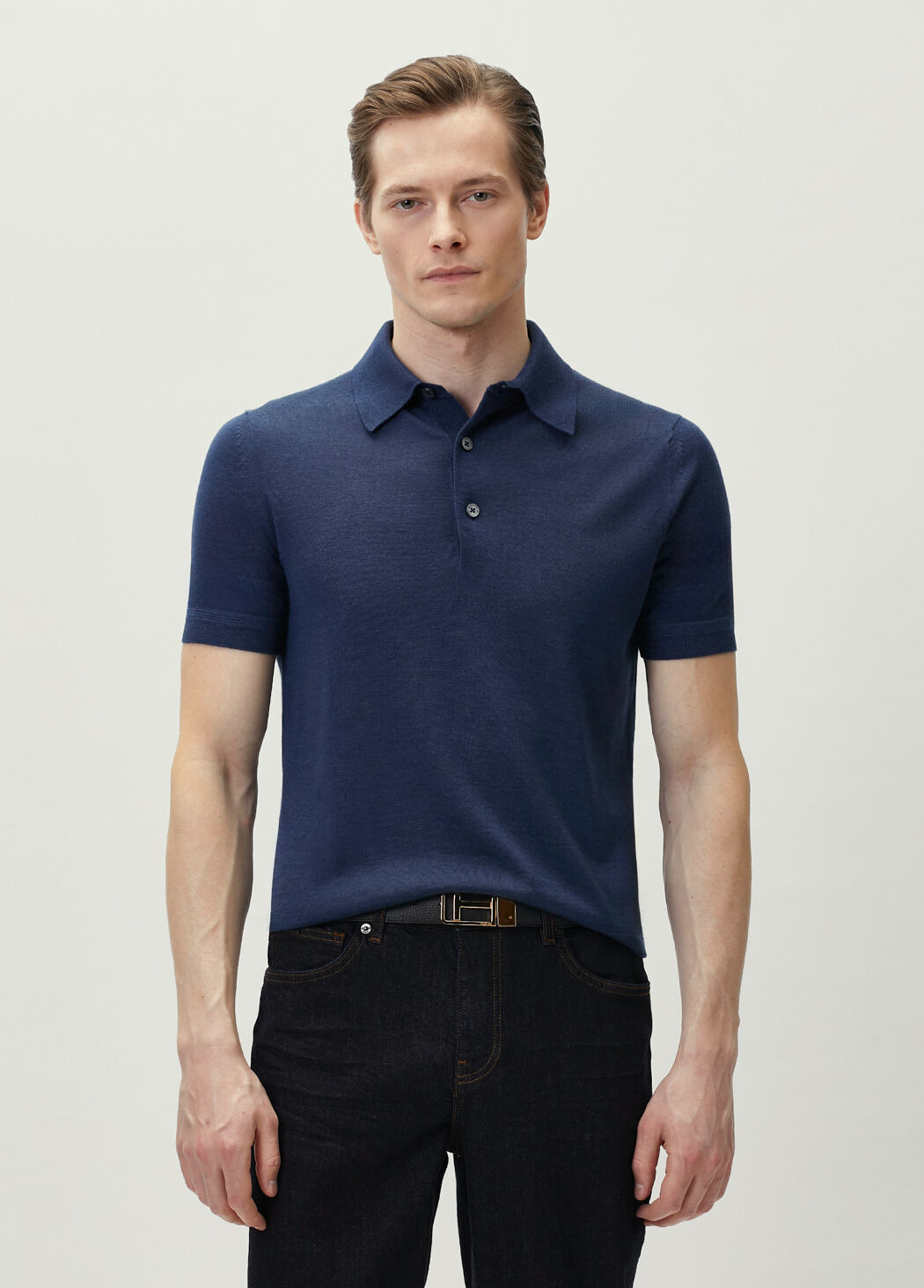Navy Blue Polo Short Sleeve Cashmere Sweater