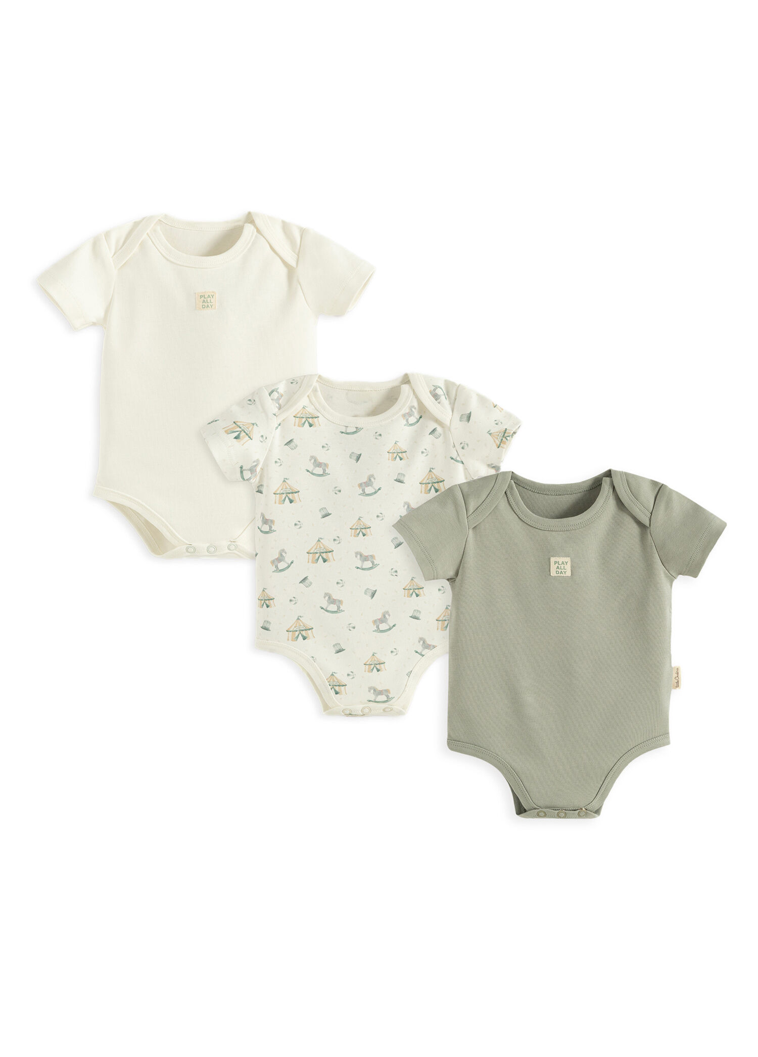 Cute Cırcus Ekru Yeşil Pamuklu Kısa Kollu 3'li Unisex Çocuk Body Set