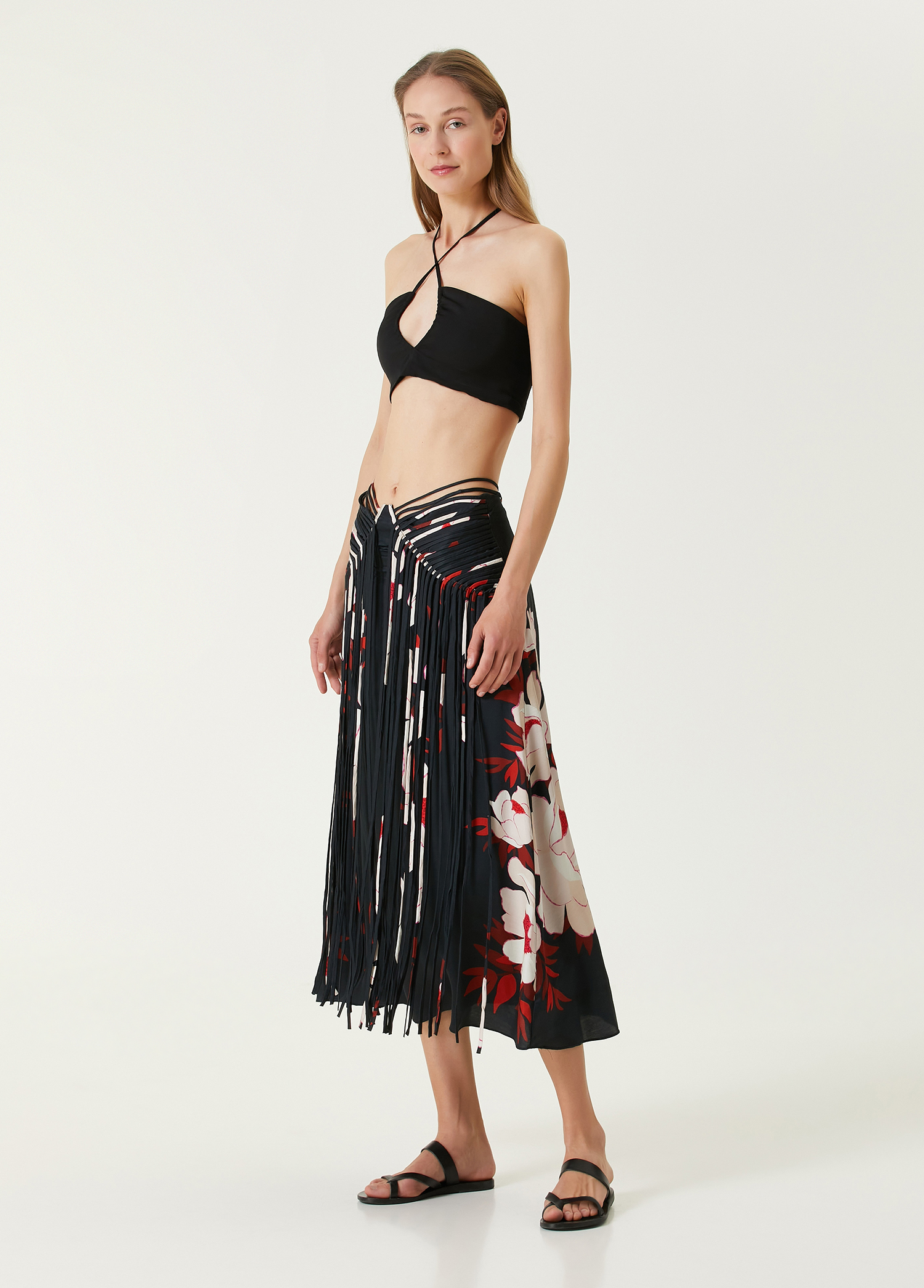 Peony Fringe Siyah Midi Etek