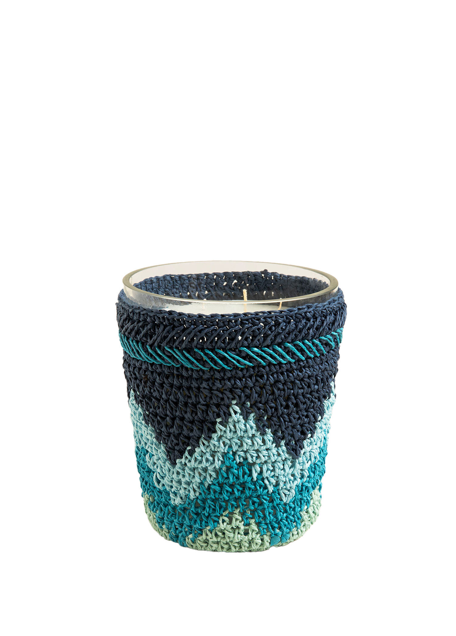Boho Coastal Tığ İşi Mavi Kokulu Mum 14x17 cm
