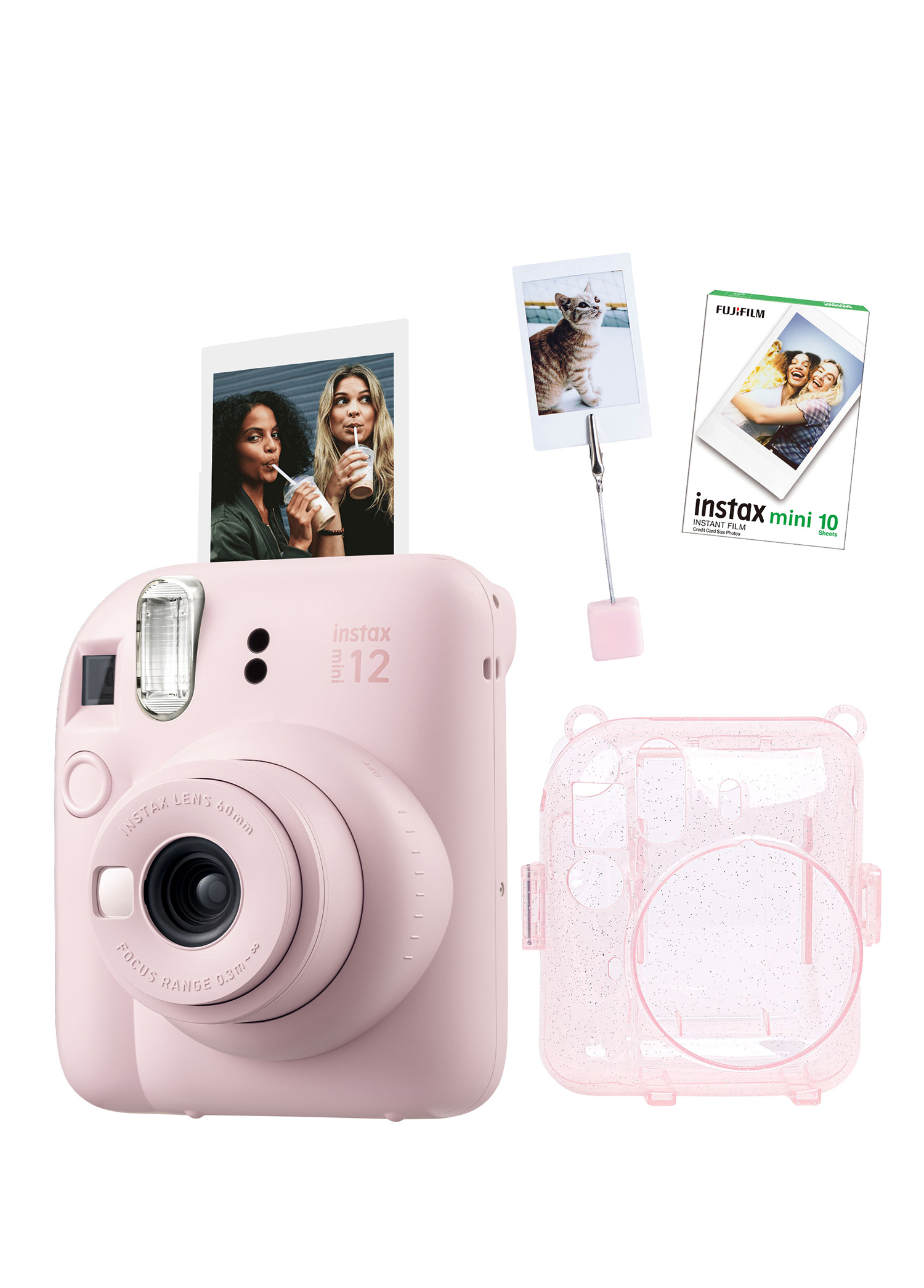 Instax Mini 12 Pembe Fotoğraf Makinesi + 10'lu Film Kıskaçlı Resim Standı ve Simli Pleksi Kılıf Seti