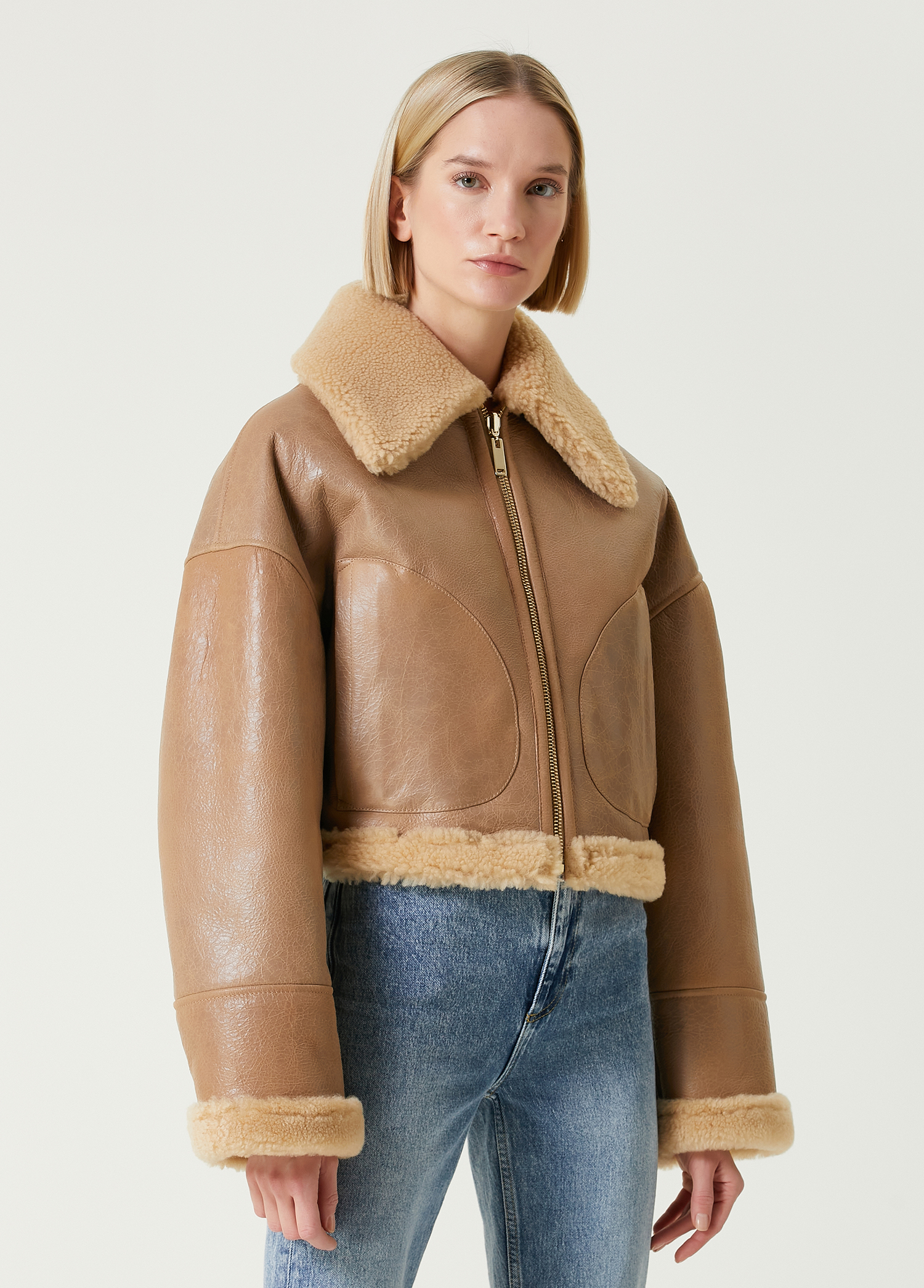 Camel Çift Taraflı Shearling Deri Mont