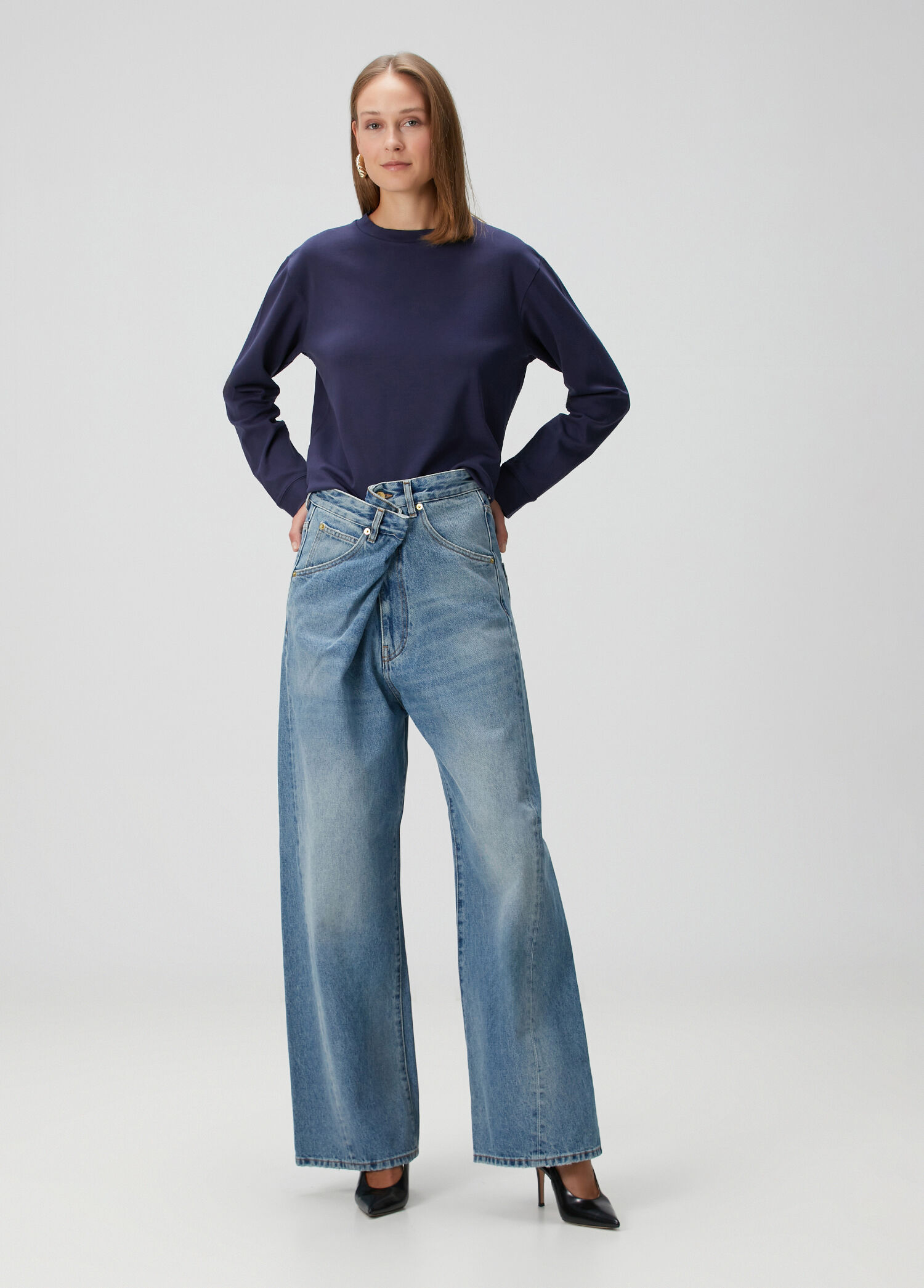 Ines Fold Over Mavi Jean Pantolon