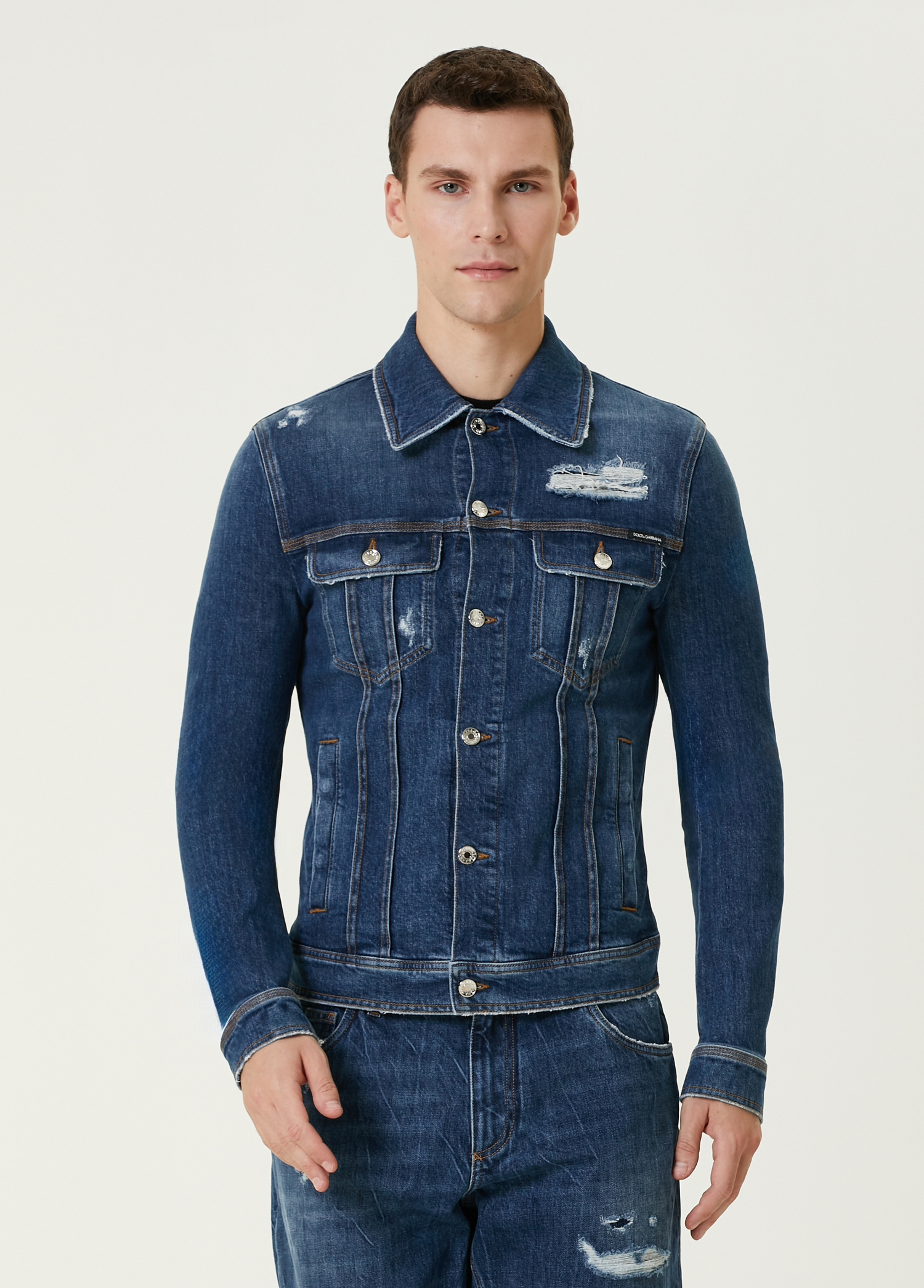 Mavi Yıpratma Detaylı Denim Mont