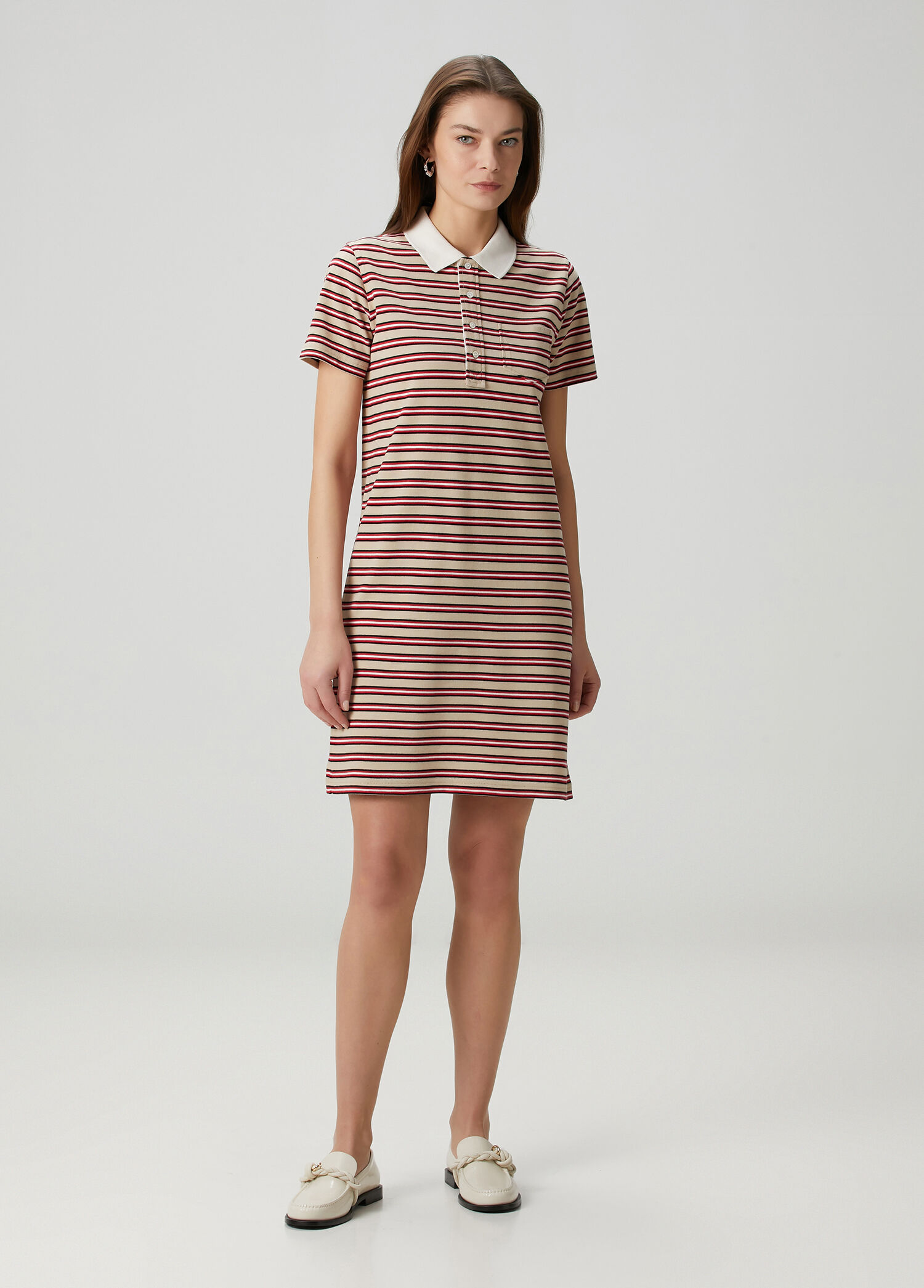 Camel Çizgili Mini Polo Elbise