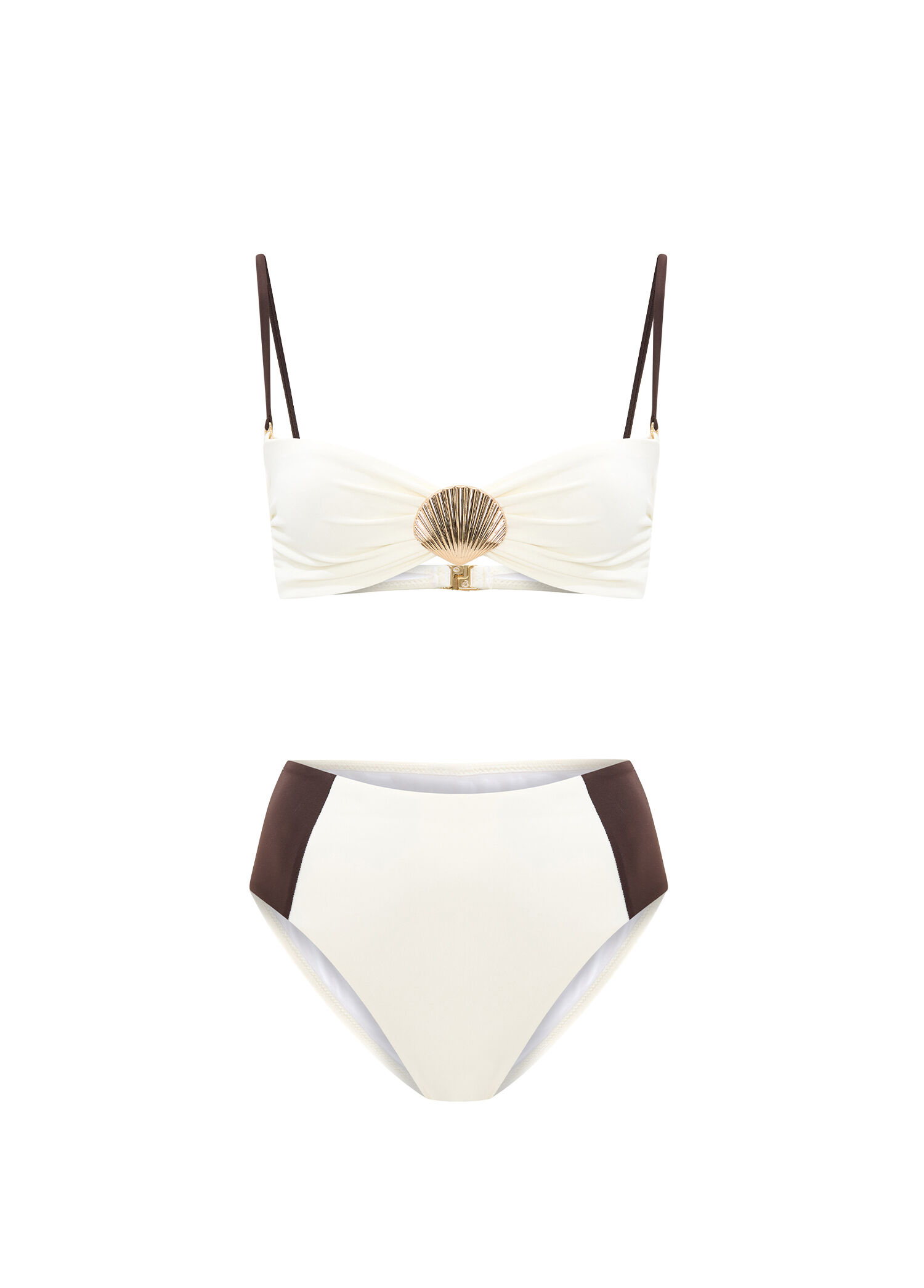 Shella White Altın Deniz Kabuğu Aksesuarlı Yüksek Bel Straplez Kadın Bikini Takımı