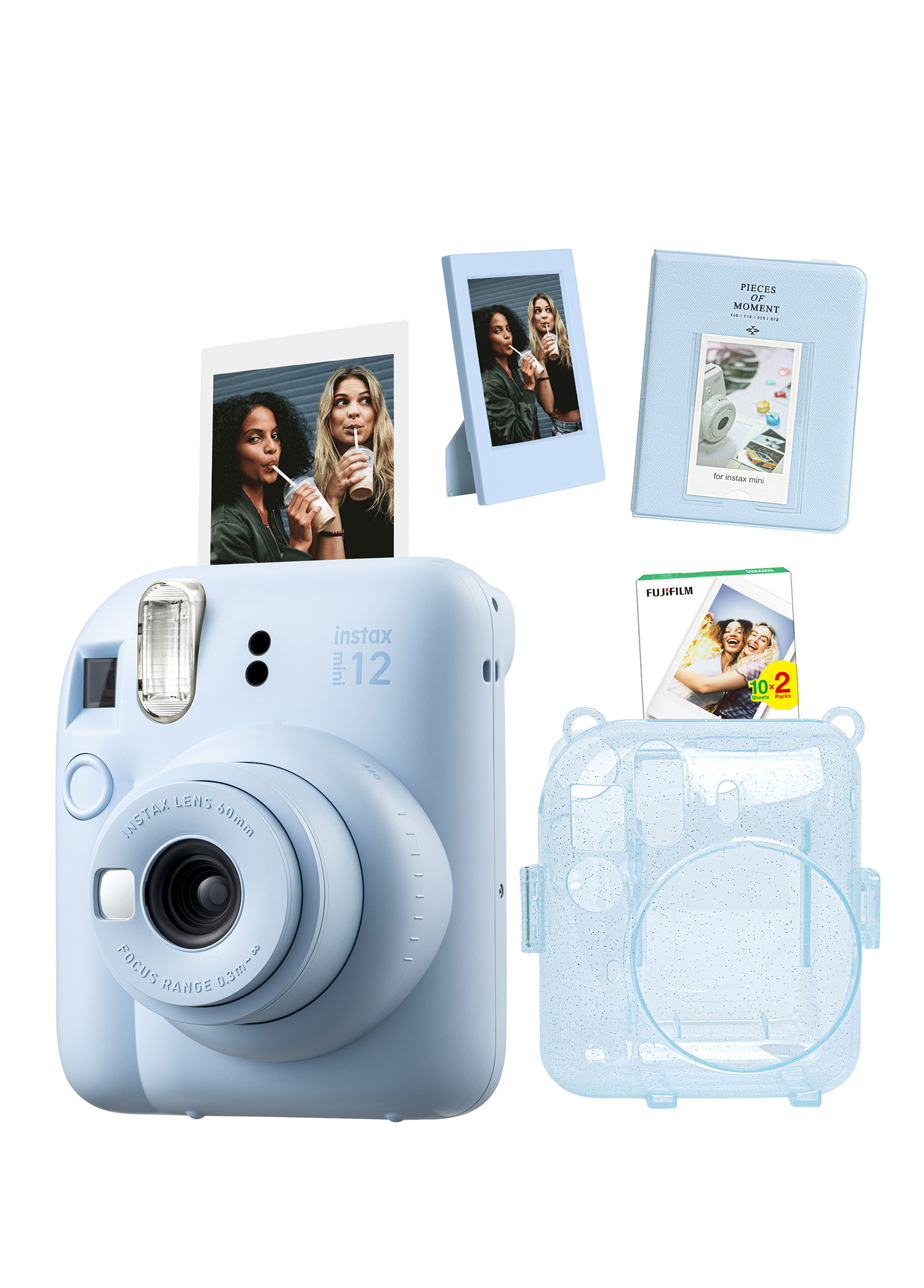 Instax Mini 12 Mavi Fotoğraf Makinesi + 20'li Film Simli Pleksi Kılıf Pvc Albüm ve Çerçeveli Hediye Seti