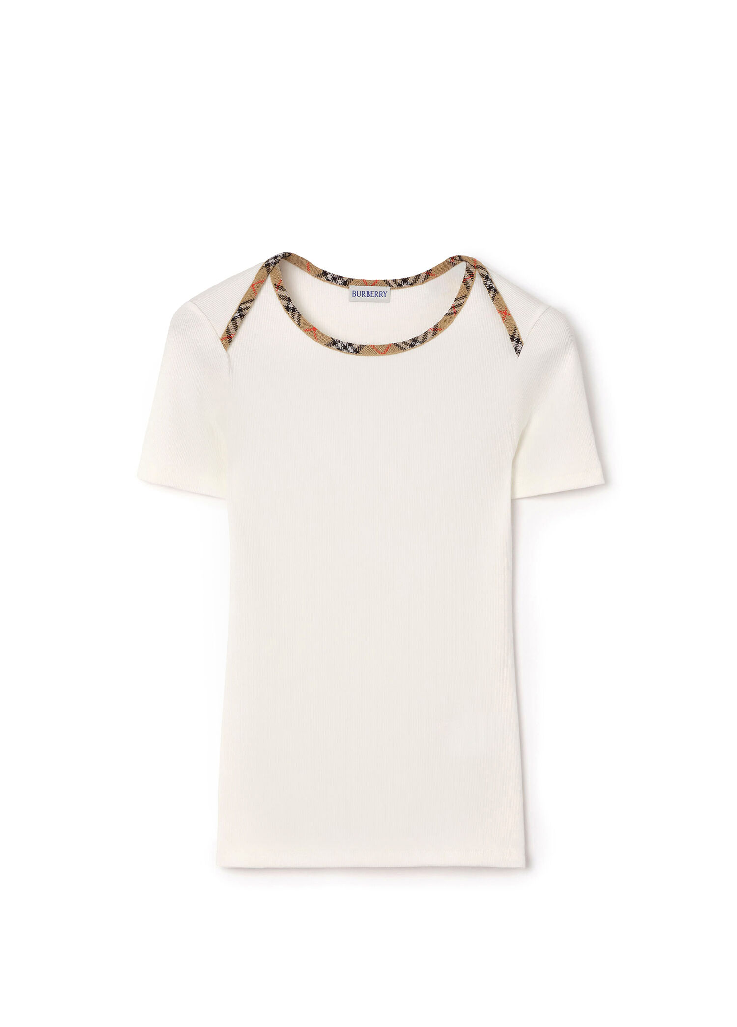 Check Trim Beyaz Kısa Kollu Kadın T-Shirt